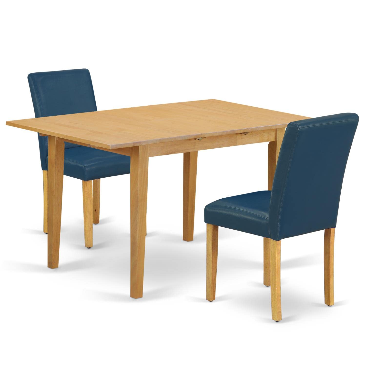 East West Furniture NOAB3-OAK-55 3-Piece Kitchen Dining Set - 32x54 Inch Oak Rectangle Table with Butterfly Leaf & 2 Oasis Blue Faux Leather Parson Chairs - Perfect for Small Spaces, Breakfast Nooks & Cozy Family Meals