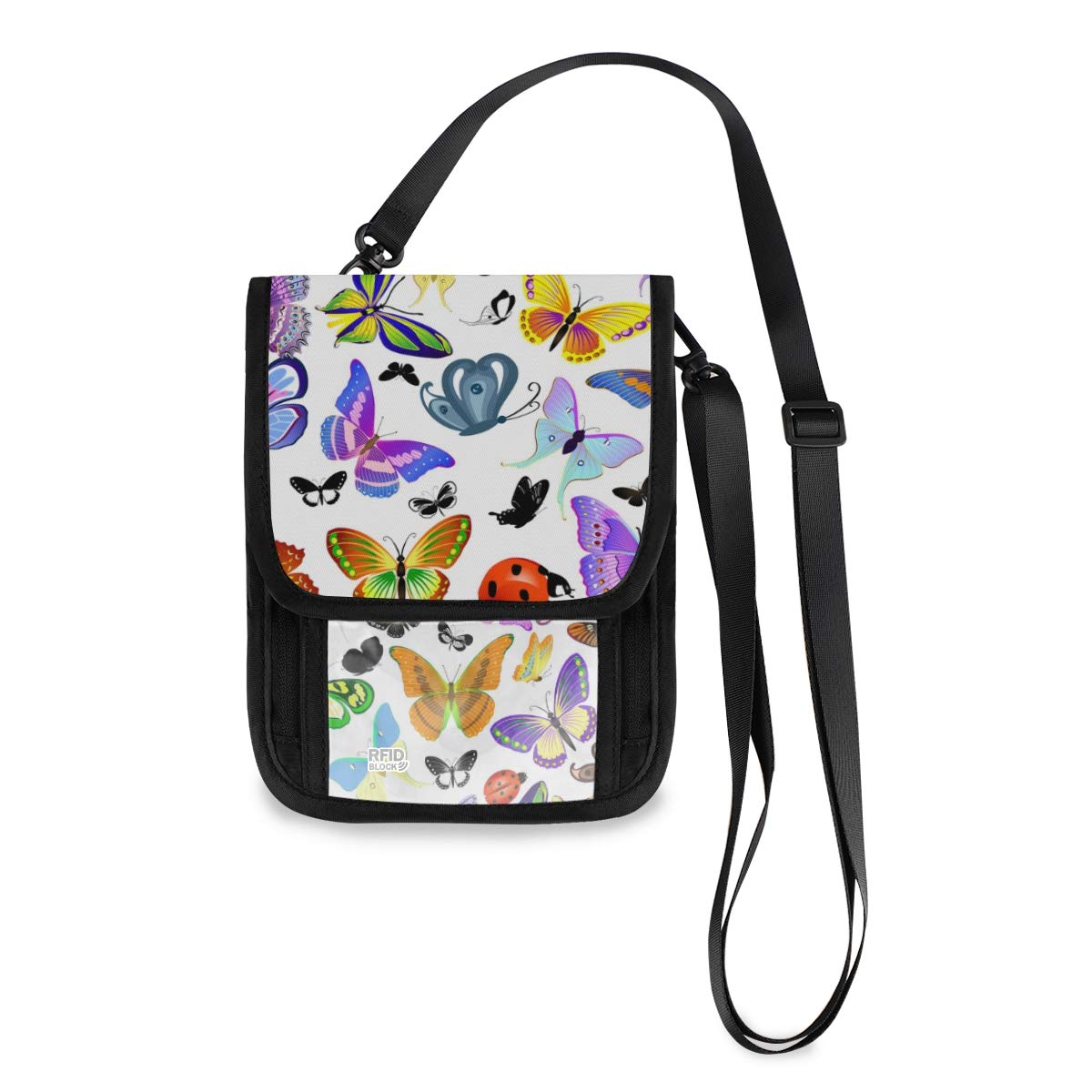 RFID Blocking Travel Neck Wallet - Waterproof Passport Holder & Cash Pouch for Women & Men | Anti-Theft Document Organizer for Airports, Vacations & Outdoor Adventures | Colorful Butterfly Design