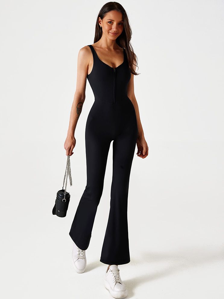 ZASUWA Women's Solid Color Zipper Flare Seamless Jumpsuit - Stylish One-Piece Romper for Casual Wear, Night Out & Party Outfits