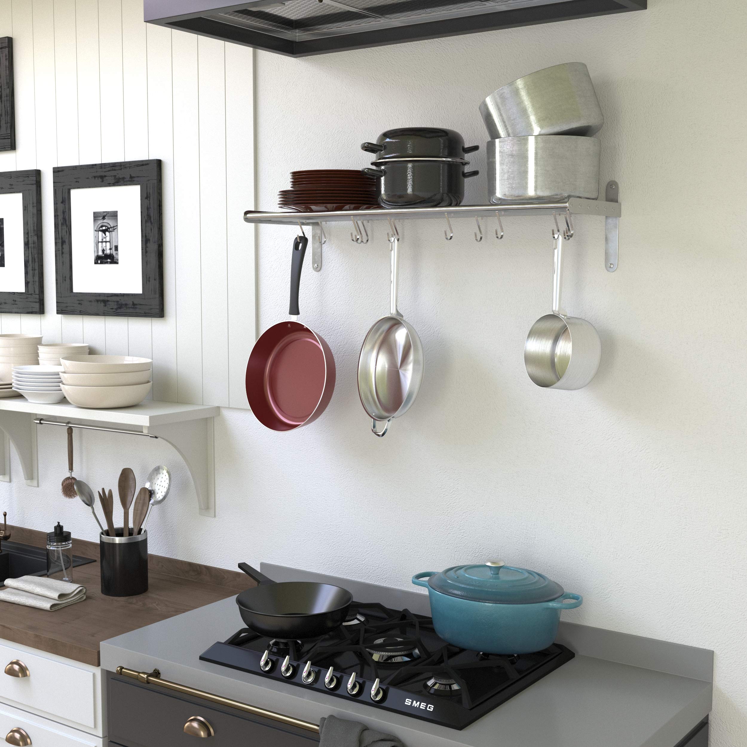 Wallniture Lyon Stainless Steel Wall Mounted Kitchen Shelf with 10 S-Hooks - Pot Rack Organizer for Cookware Storage - Space Saving Solution for Small Kitchens & Pantries (Chrome Finish) - Perfect for Hanging Pots, Pans, Utensils & Kitchen Accessories