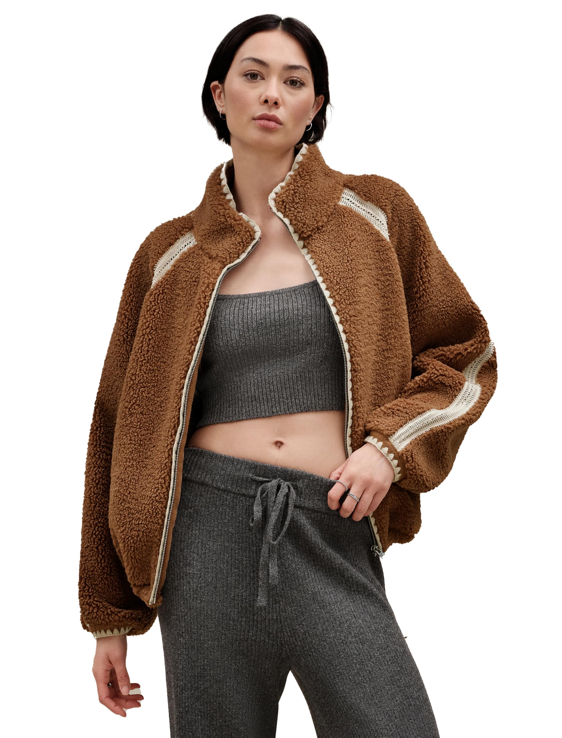 UGG Women's Nikia Crochet Uggfluff Jacket - Cozy Fleece-Lined Winter Coat for Women, Warm Crochet Cardigan with Hood - Perfect for Cold Weather, Outdoor Activities & Casual Wear