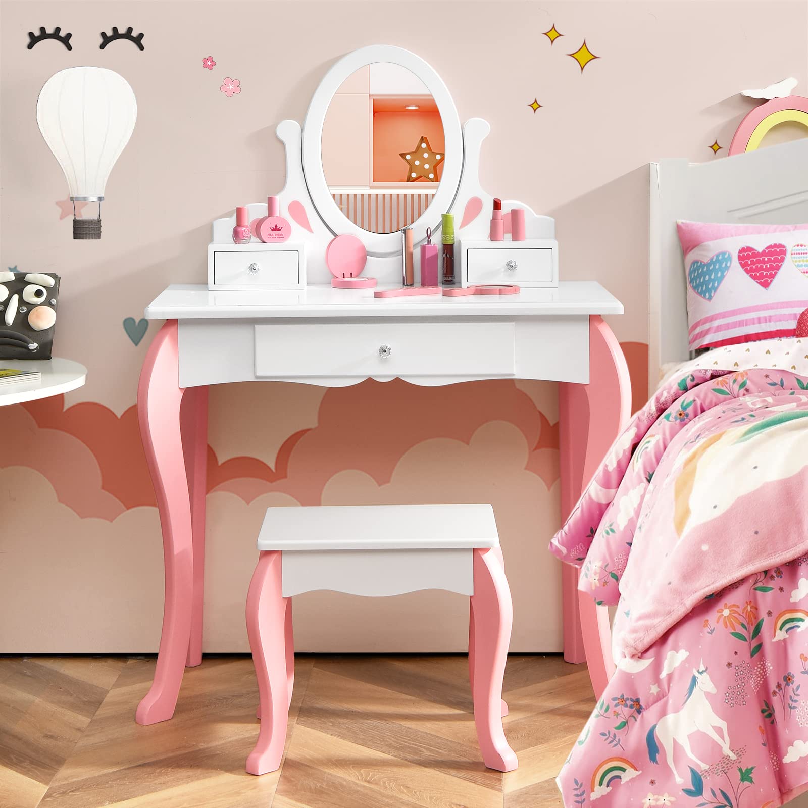 Olakids 2-in-1 Wooden Princess Vanity Set with 360° Rotating Mirror & Storage Drawer - Kids Makeup Table & Chair for Girls, Pretend Play Beauty Dressing Toy Gift (White) - Perfect for Bedroom Decor & Role Play Activities