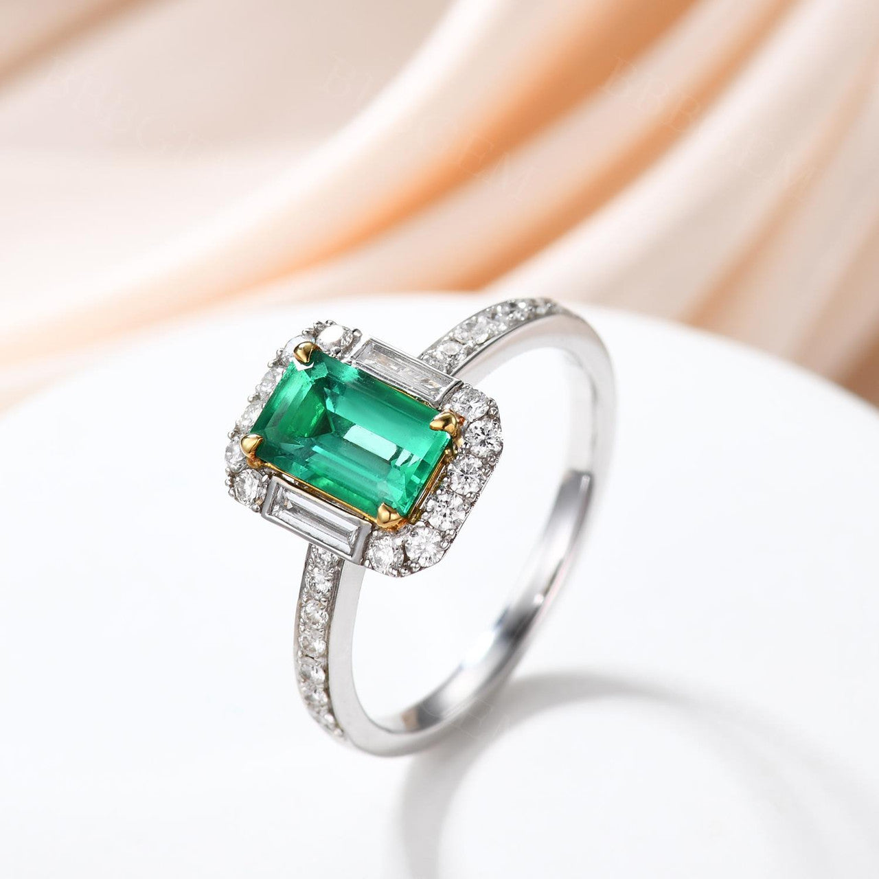 Emerald Cut Natural Emerald Engagement Ring with Diamond Halo & Baguette Diamond Pave Band - 18K White Gold for Wedding, Proposal & Anniversary Gifts