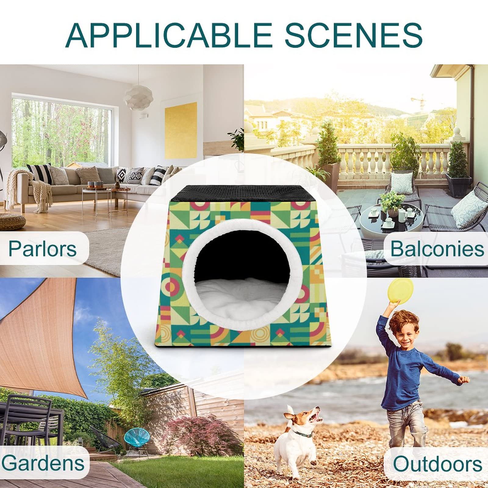 Printed Cat Houses & Condos - Foldable Cat Cube Bed with Removable Pillow, Green Abstract Puzzle Design - Cozy Pet Furniture for Indoor Cats, Perfect for Living Room, Bedroom or Office