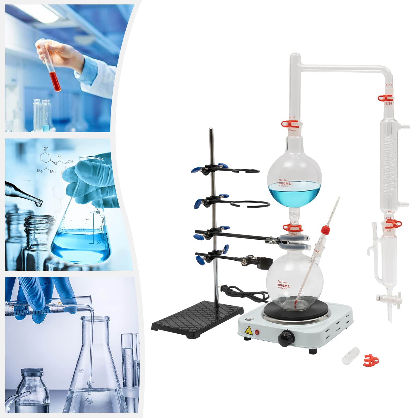1000ml Essential Oil Distillation Kit with Graham Condenser, Hot Plate & Separator - 1000W 110V Glass Lab Distillation Apparatus for Home DIY, Aromatherapy & Herbal Extracts - Perfect for Essential Oil Making, Hydrosol Production & Small Batch Distilling