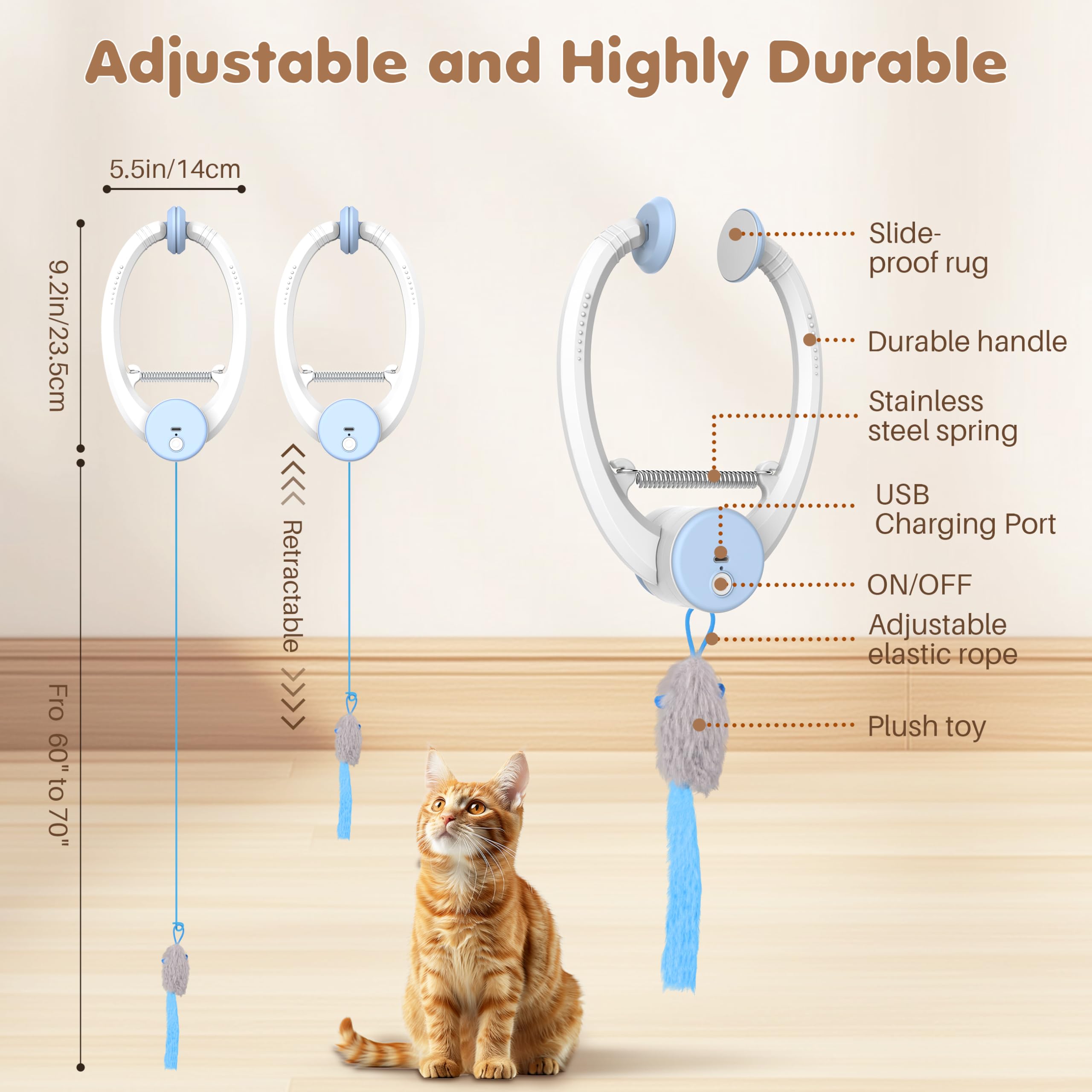 **Interactive Cat Feather Toys for Indoor Cats - Retractable Teaser Toy with 3 Plush Mice for Play, Chase & Exercise - Blue Automatic Kitten Mental Stimulation Toy (Great for Boredom Relief & Active Playtime)**
