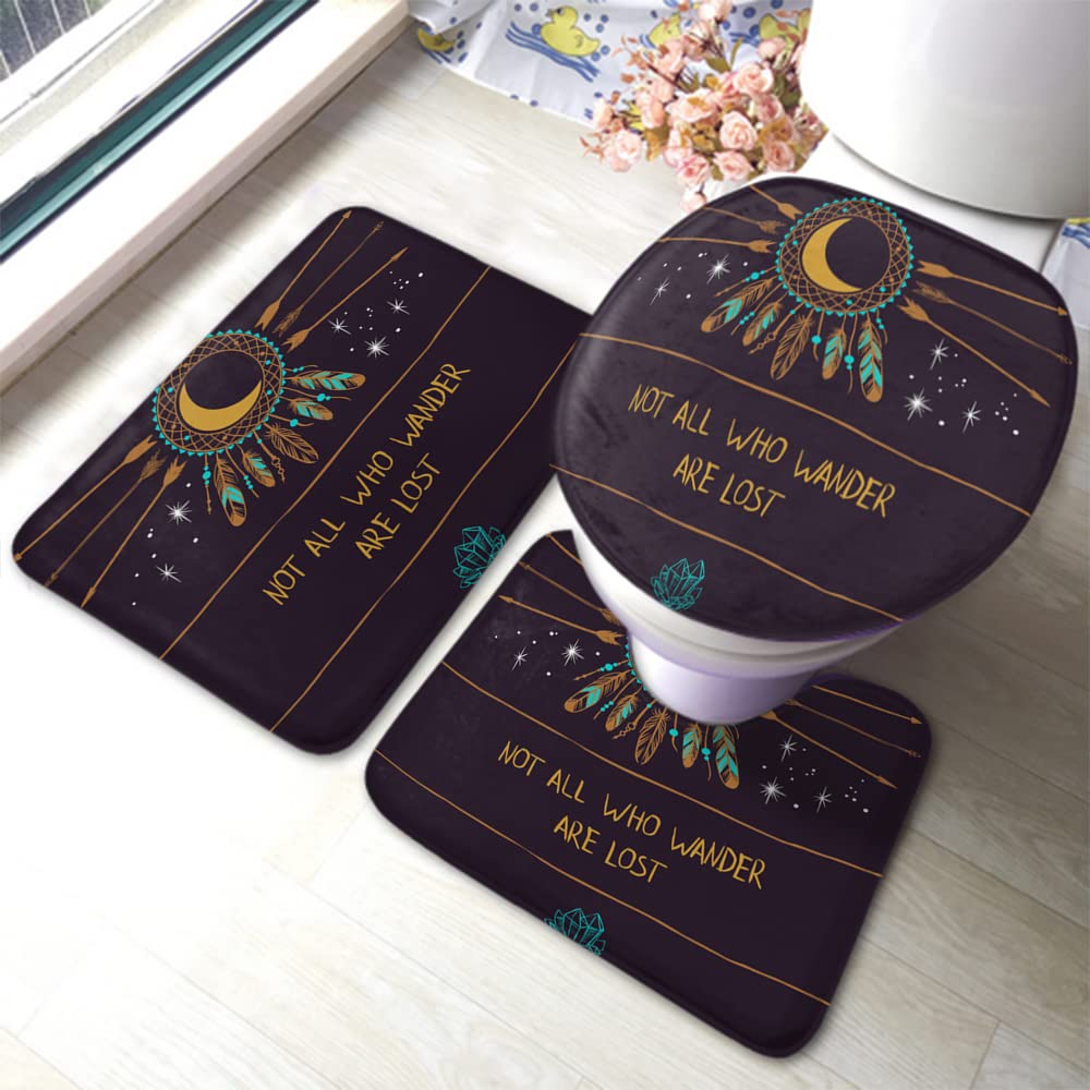 Zaueky 3-Piece Bohemian Bathroom Rug Set - Non-Slip Bath Mat with Rubber Backing, U-Shaped Contour Rug & Toilet Lid Cover - Moon, Arrows & Stars Design - Mystic Crystal Decor for Boho Style Bathrooms (Perfect for Master Bath, Guest Bath & Apartment Decor)
