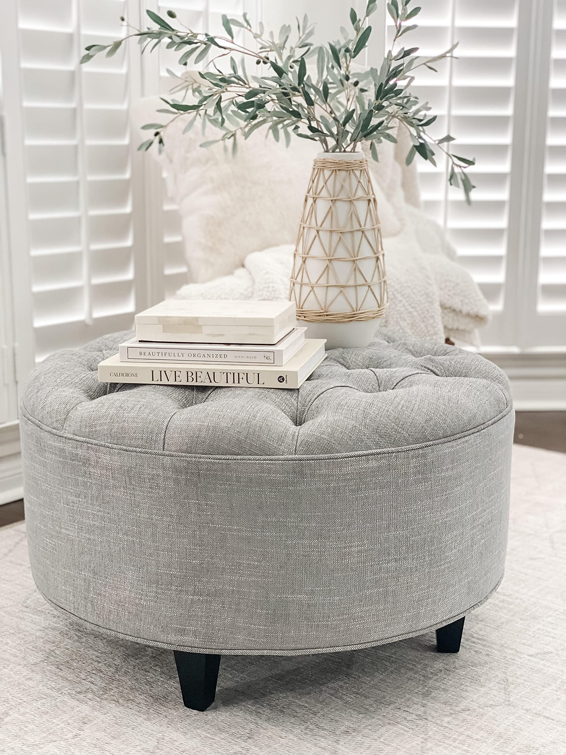 30 Inch Round Tufted Coffee Table Ottoman with Grey Linen Upholstery - Perfect for Living Room, Lounge & Home Decor