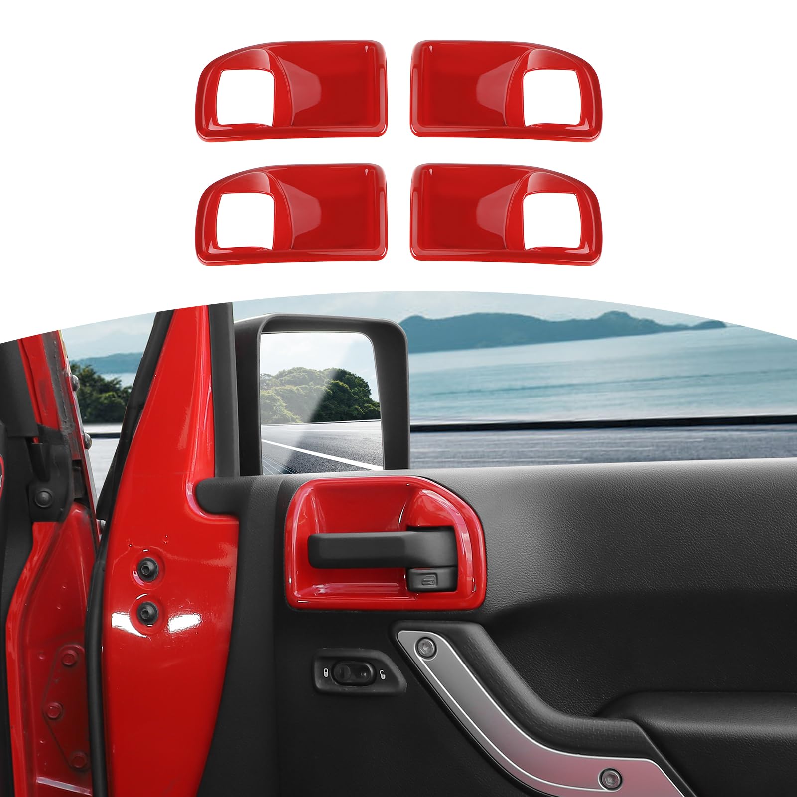 Jeep Wrangler JK JKU 2011-2017 Inner Door Handle Cover Bowl Trim - RT-TCZ Red Interior Accessories (4pcs) - Perfect for Off-Roading & Interior Customization