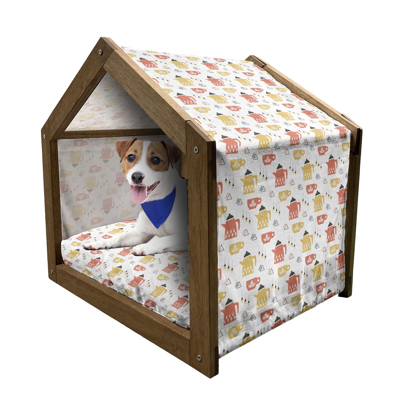 Ambesonne Scandinavian Wooden Pet House for Dogs & Cats - Indoor & Outdoor Portable Dog Kennel with Pillow & Cover - Large Size in Earth Yellow Vermilion - Tea Party Design with Foliage Pastel Pattern - Perfect for Home, Garden, and Travel Use