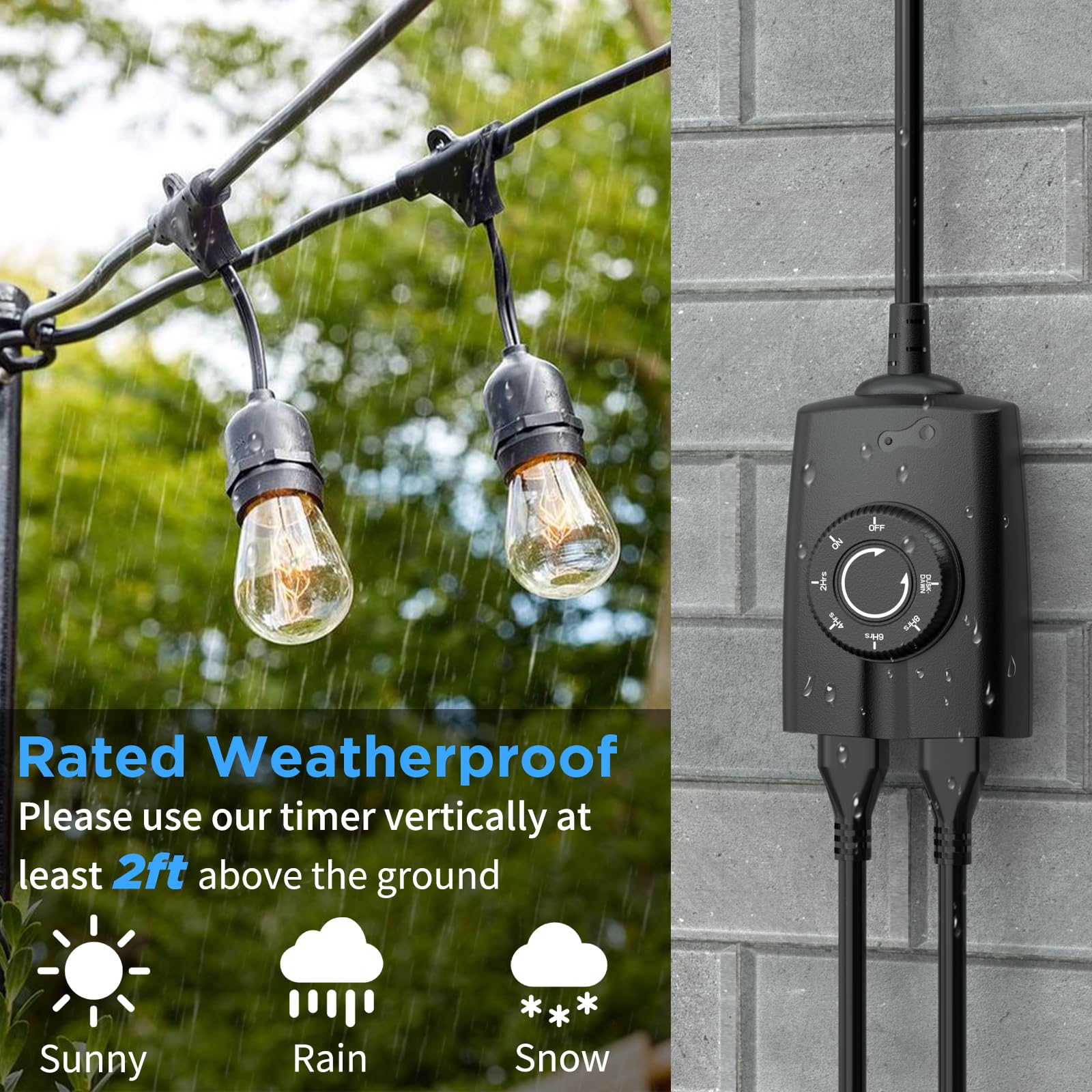 Outdoor Timer Outlet Waterproof with Photocell Sensor - Dusk to Dawn & Countdown Timer for Christmas Lights, 2 Grounded Outlets, 15A 1/2HP, CSA Certified - Perfect for Holiday Decorations, Landscape Lighting & Outdoor Electrical Devices