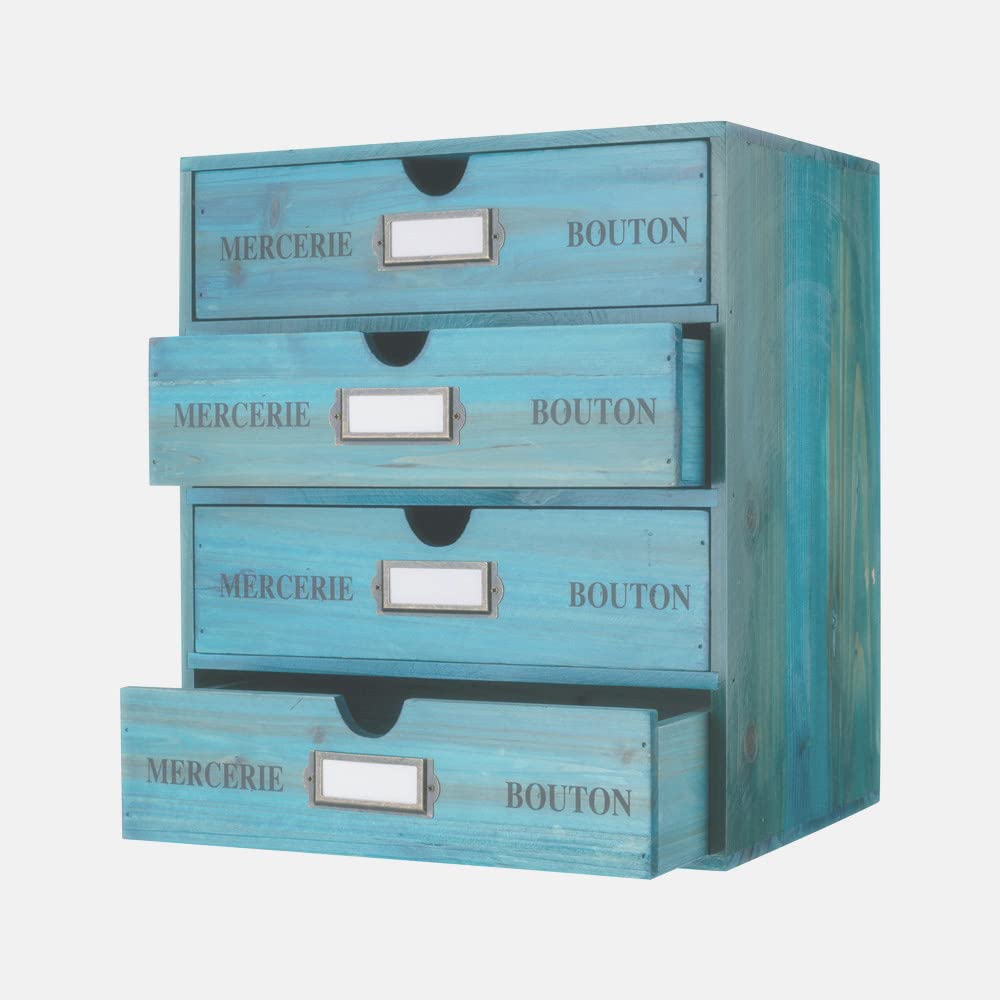 Vintage Wooden Storage Box with 4 Drawers - Rustic Office Organizer, Letter Tray, Paper Sorter & Jewelry Box - Large Blue Desktop File Holder for School, Home & Office Organization