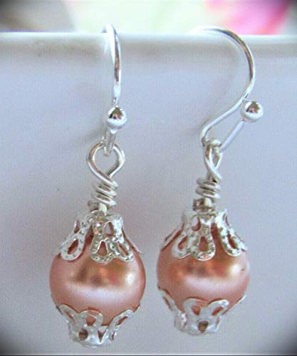 Handmade Czech Glass Peach Pearl Dangle Earrings for Women - Silver Plated French Hook Rhinestone Jewelry - Elegant Boho Style Accessories for Parties, Weddings & Everyday Wear