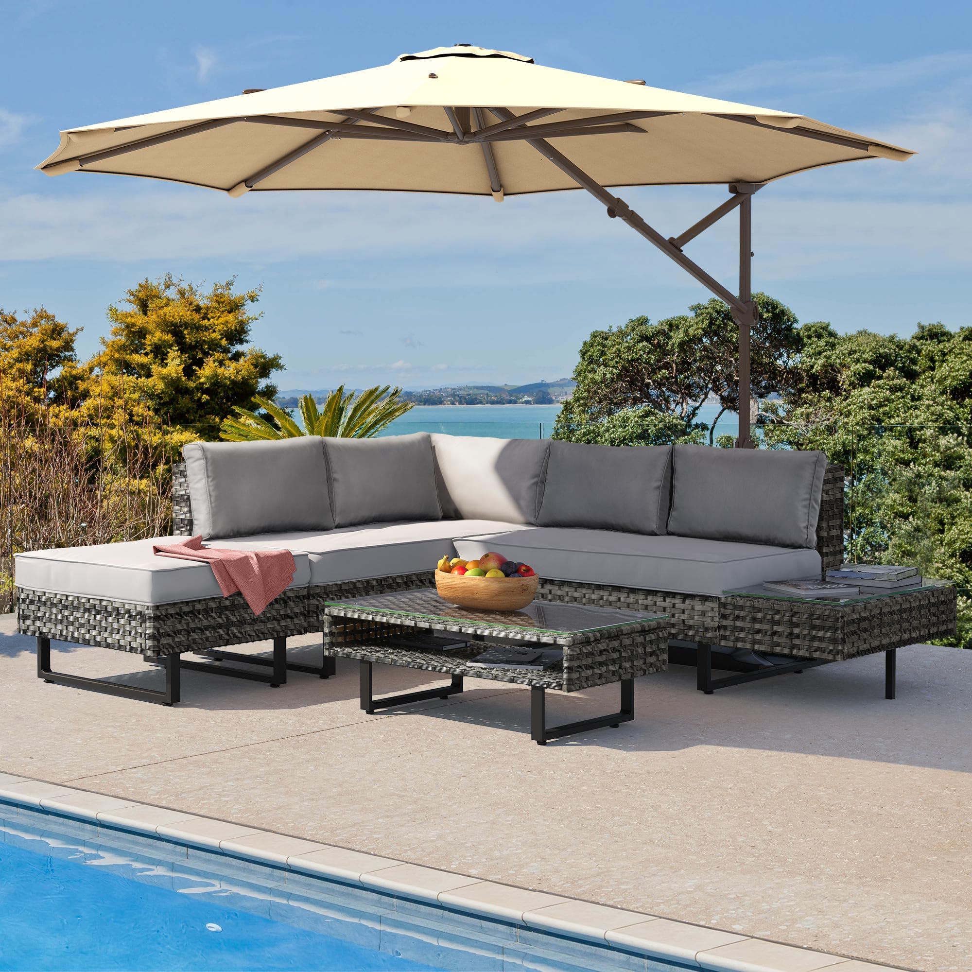 YITAHOME 4-Piece Outdoor Patio Furniture Set, PE Rattan L-Shaped Sectional Sofa with Coffee Table & Cushions - Grey Wicker Conversation Set for Backyard, Poolside, Porch - Perfect for Relaxing, Entertaining & Lounging