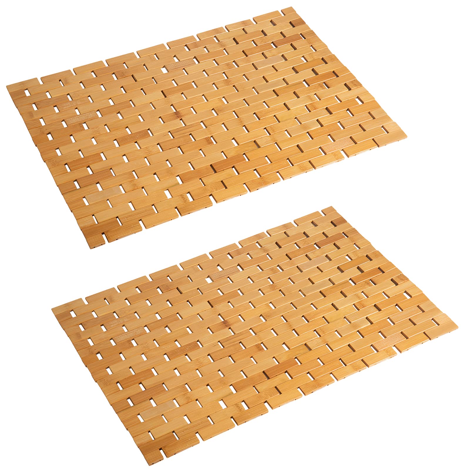 **Bamboo Bath Mat Set of 2 - Natural Wooden Shower Rug, Non-Slip Waterproof Bathroom Floor Mat (16x24 Inch) - Easy to Clean for Bathtub, Shower & Spa Use**