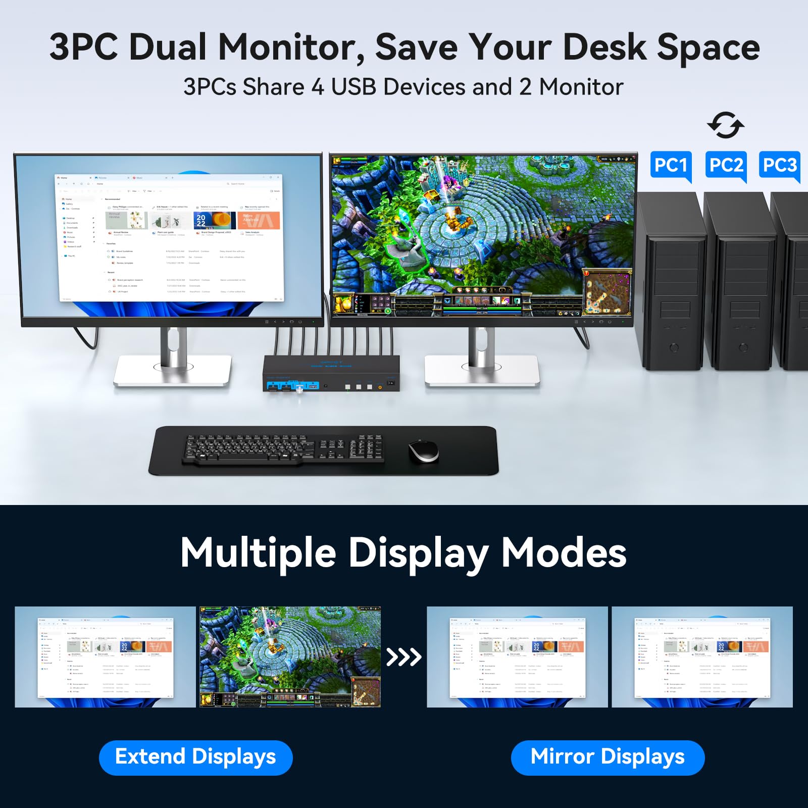 Premium 8K/4K HDMI 2.0 & DisplayPort 1.4 KVM Switch for 3 Computers - Dual Monitor Sharing with USB 3.0 Hub | Control Keyboard, Mouse, Printer & USB Devices | Includes 2 USB Cables | Ideal for Home Office, Gaming Setup & Multi-PC Workstations