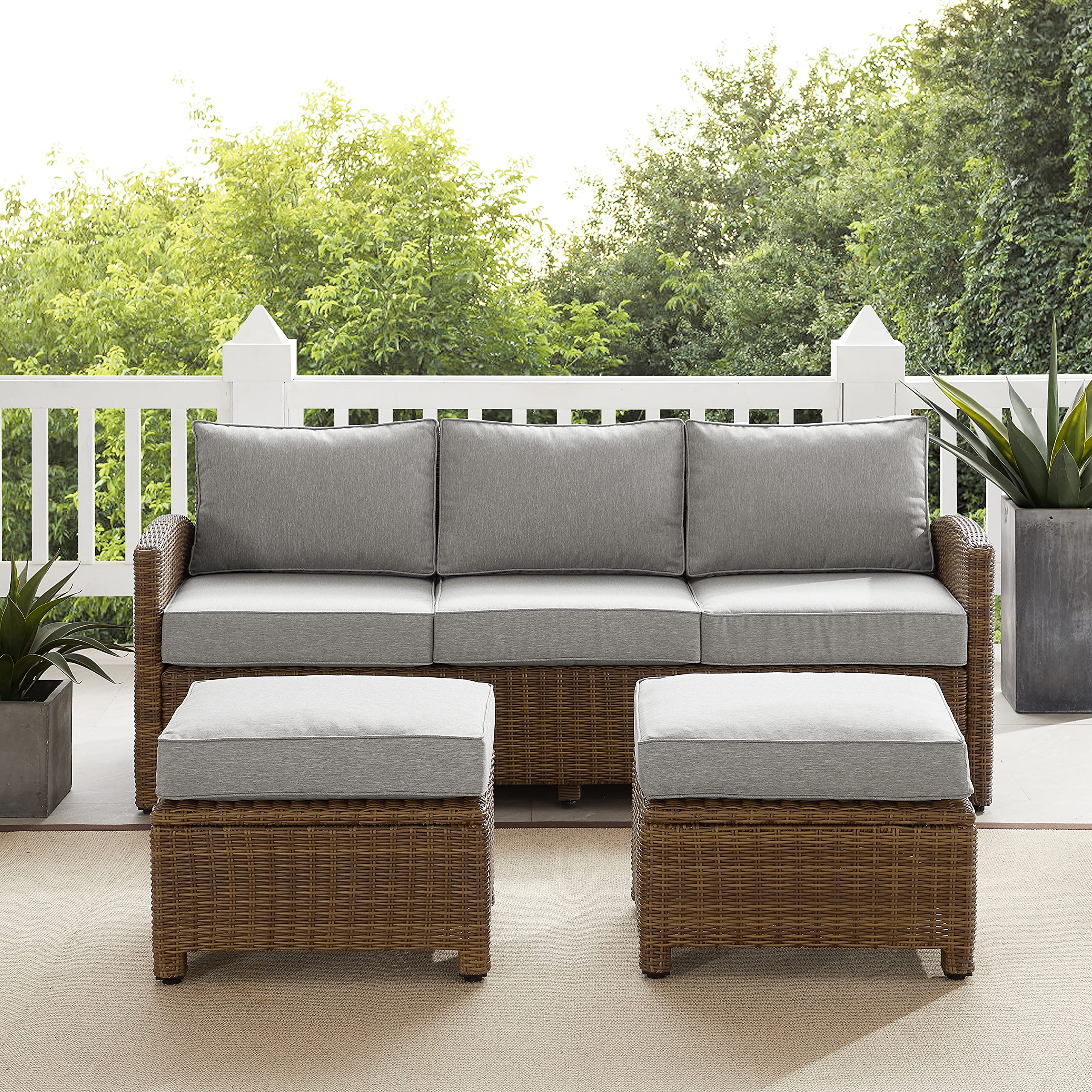 Crosley Bradenton 3-Piece Outdoor Wicker Sofa Set with Gray Cushions - Patio Furniture Conversation Set for Porch, Deck, Backyard & Garden Relaxation