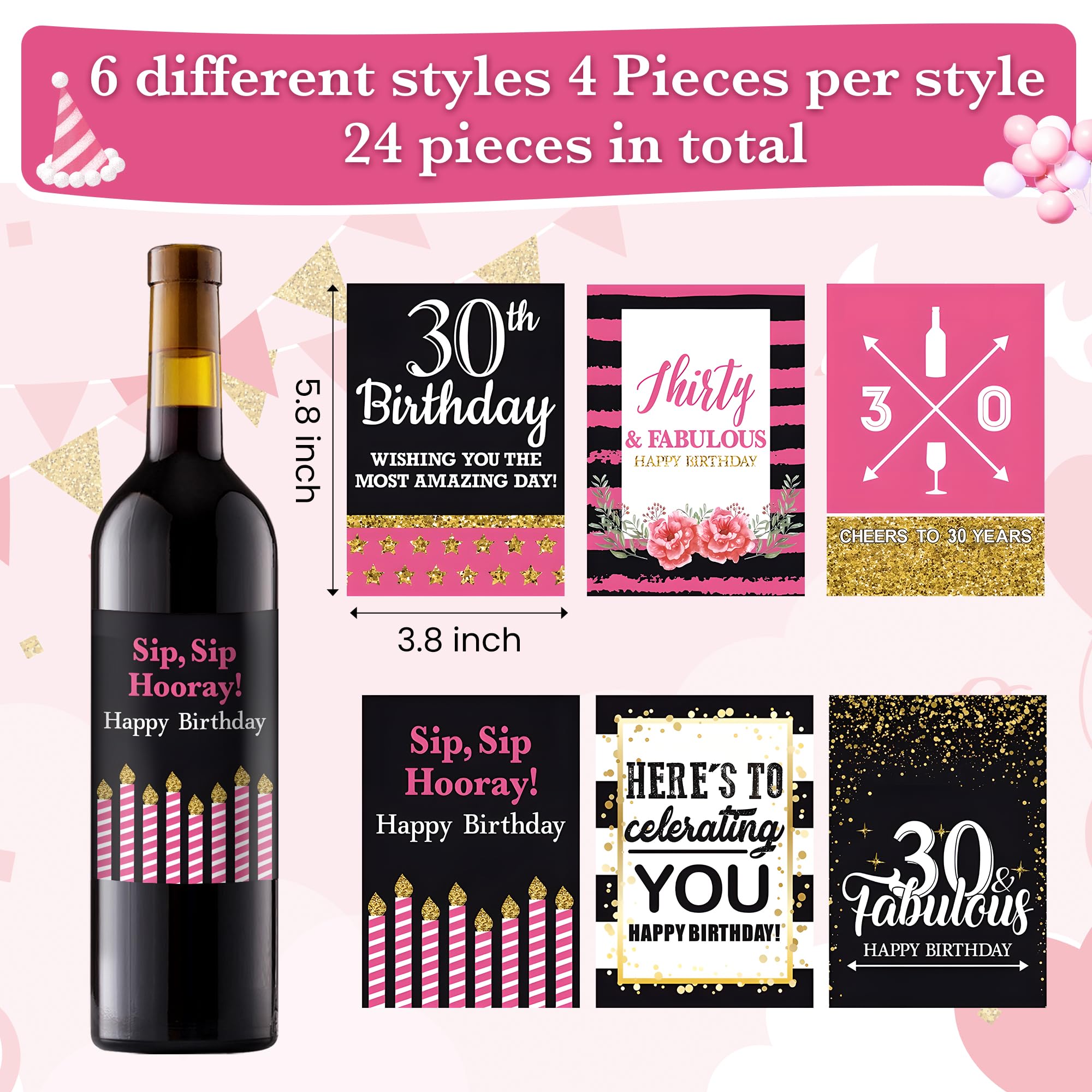 VIDELLY 12-Pack Custom 30th Birthday Wine Bottle Labels - Personalized Waterproof Stickers for Party Decor (Black, Gold, Pink) - Perfect 30th Birthday Gifts for Women - Great for Birthday Celebrations, Wine Parties & Special Occasions