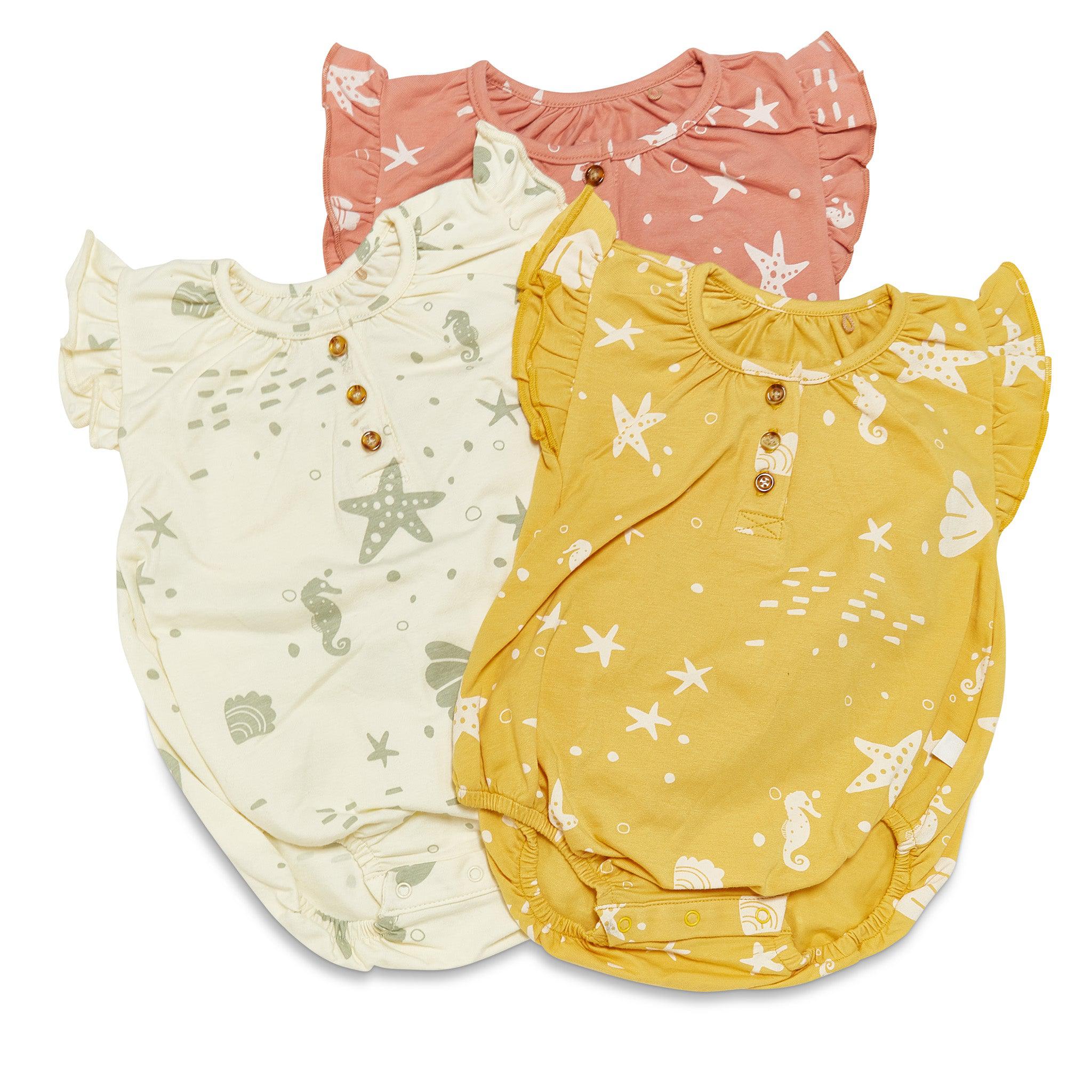 Organic Flutter Sleeve Button Romper - Sunny Yellow Seashells Print | Baby Girls' Summer Outfit for Beach, Park & Photoshoots