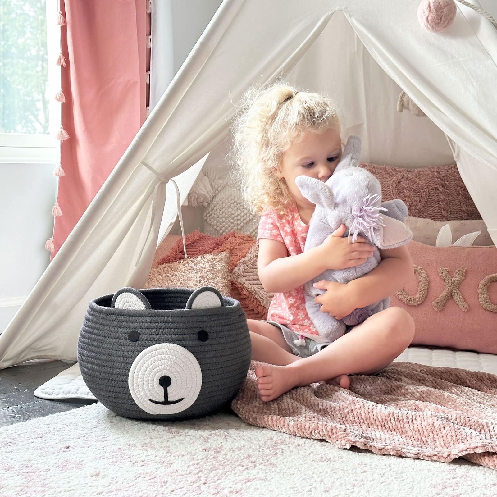 CherryNow Baby Basket - Nursery Bear Gift Basket for Kids & Baby Showers - Grey Cotton Rope Storage for Toys & Essentials
