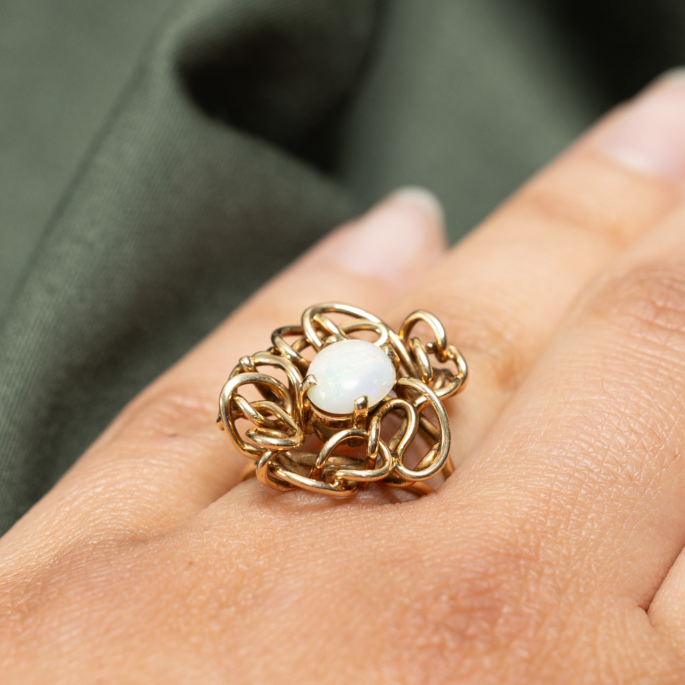 10K Gold Opal Abstract Cocktail Ring - 1.05ct Genuine Opal - Size 6.75 - Elegant Statement Jewelry for Evening Parties & Special Occasions