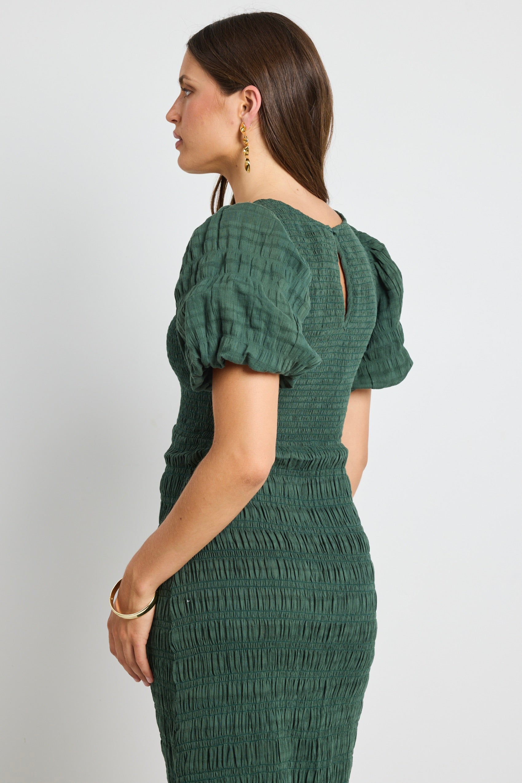 Jade Forest Shirred Cotton Puff Short Sleeve Ruched Maxi Dress - Flowy Summer Beach Dress for Women, Perfect for Vacations, Weddings & Boho Outfits