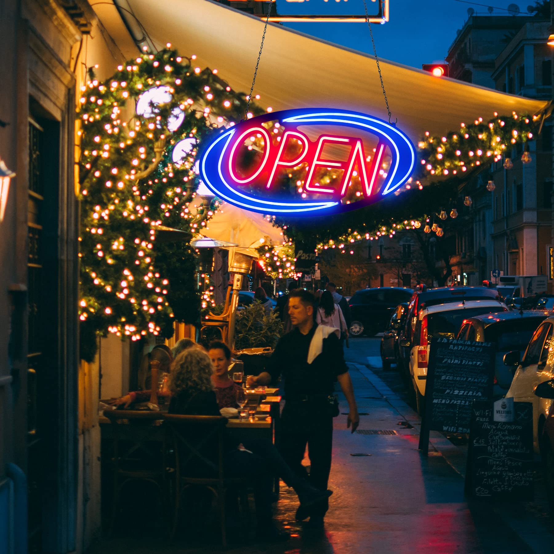 32x16 Inch Large Bright LED Open Sign for Business - Remote Control & Flashing Modes, Blue/Red Neon Light with ON/OFF Switch - Perfect for Window, Door, Bar, Coffee Shop, Salon, and Retail Store Display