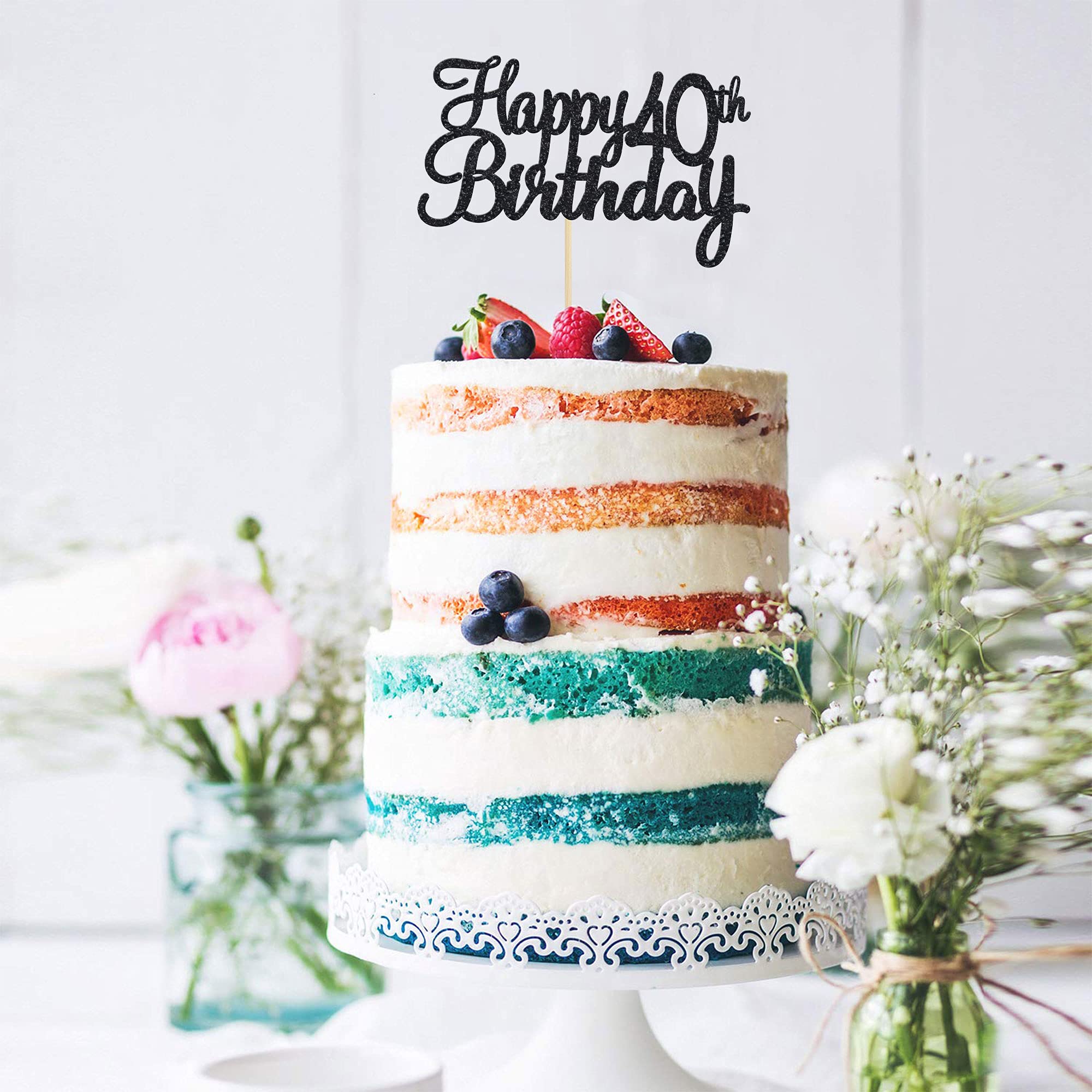 Happy 40th Birthday Cake Topper - Black Glitter 'Cheers to 40 Fabulous' Cake Decoration for 40th Birthday Party Supplies | Perfect for Anniversary Celebrations, Milestone Birthdays & Festive Decorations
