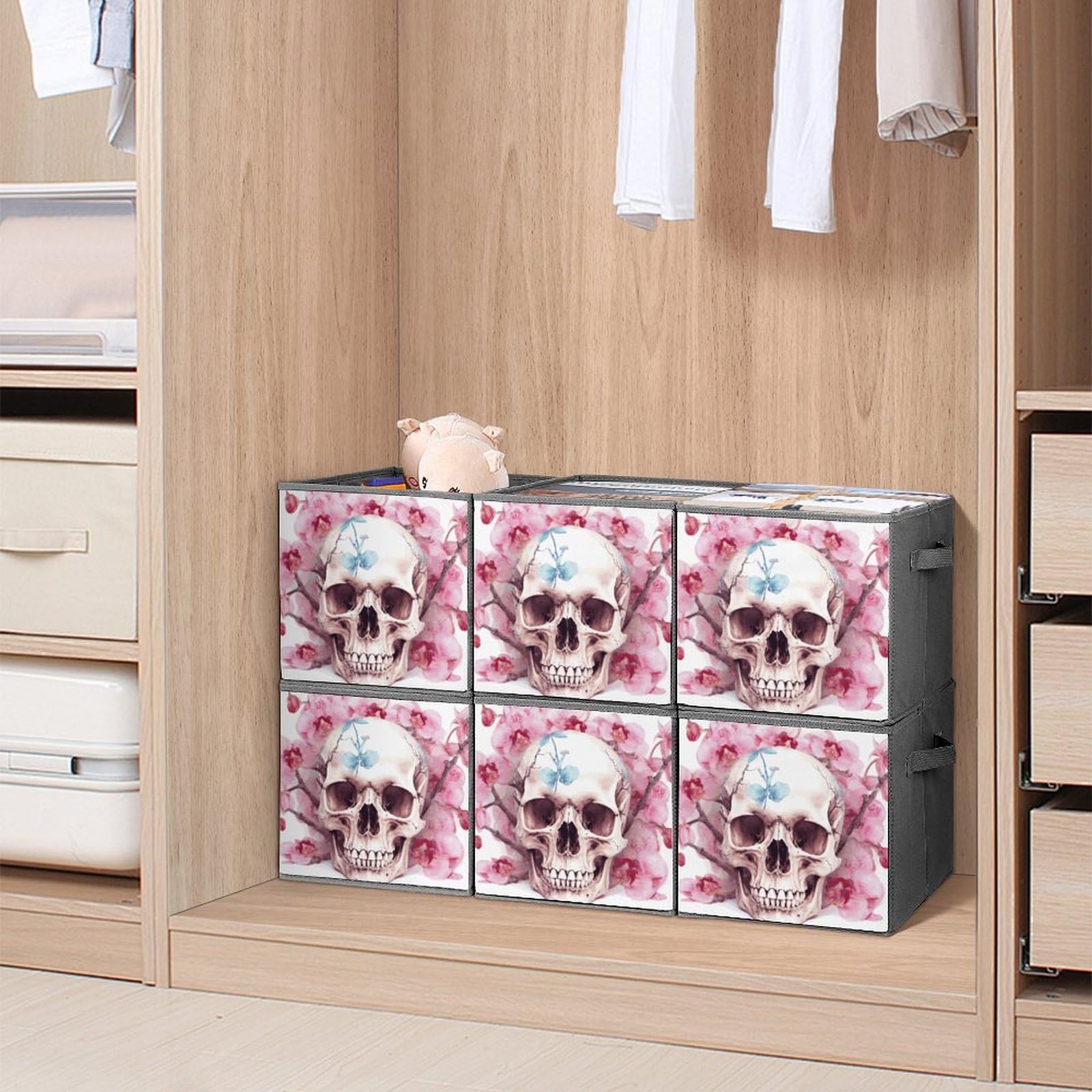 6PCS Collapsible Storage Bins with Handles - Skull & Pink Floral Printed Foldable Organizer Boxes for Home, Closet, Office & Shelf Organization | Space Saving Storage Solutions for Toys, Books & Household Items