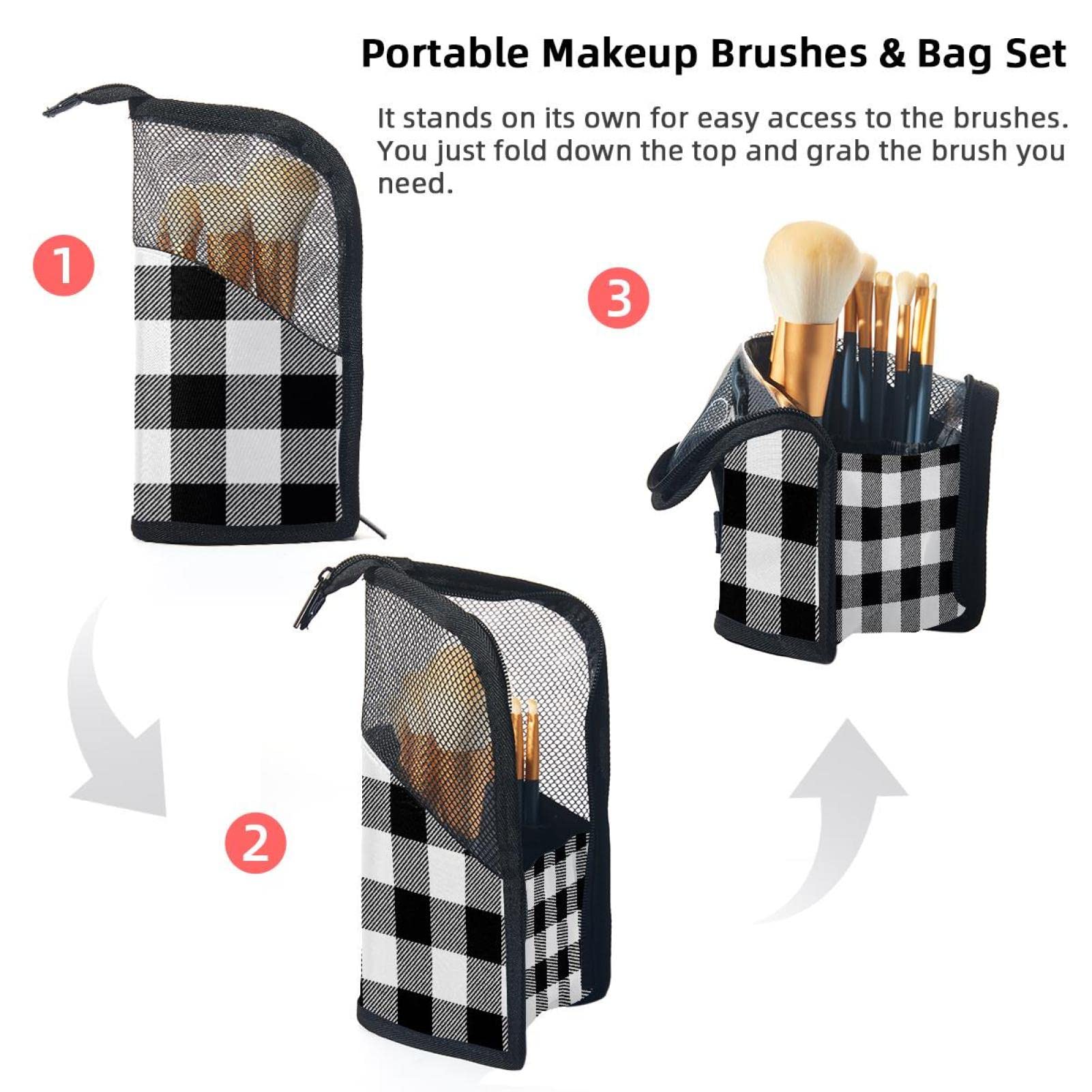 Premium Makeup Brush Organizer Bag with 12 Slots - Grey White Black Plaid Pattern - Portable Travel Cosmetic Brush Holder Case for Professional Makeup Artists & Beauty Enthusiasts - Perfect for Home, Travel & Salon Use
