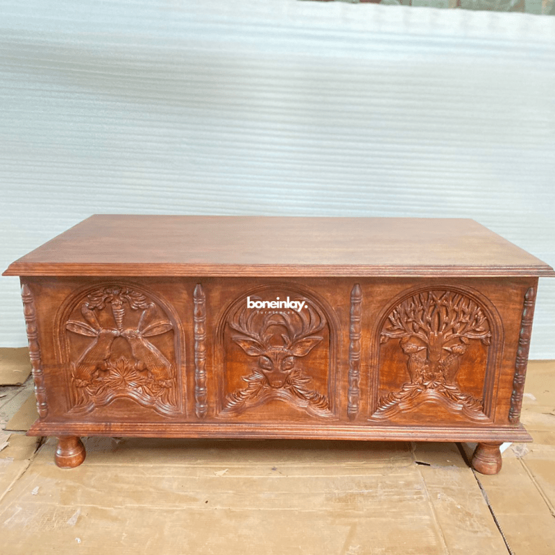Hand Carved Rectangular Menagerie Coffee Table - Solid Wood Living Room Furniture for Home Decor | Perfect for Family Gatherings & Cozy Evenings