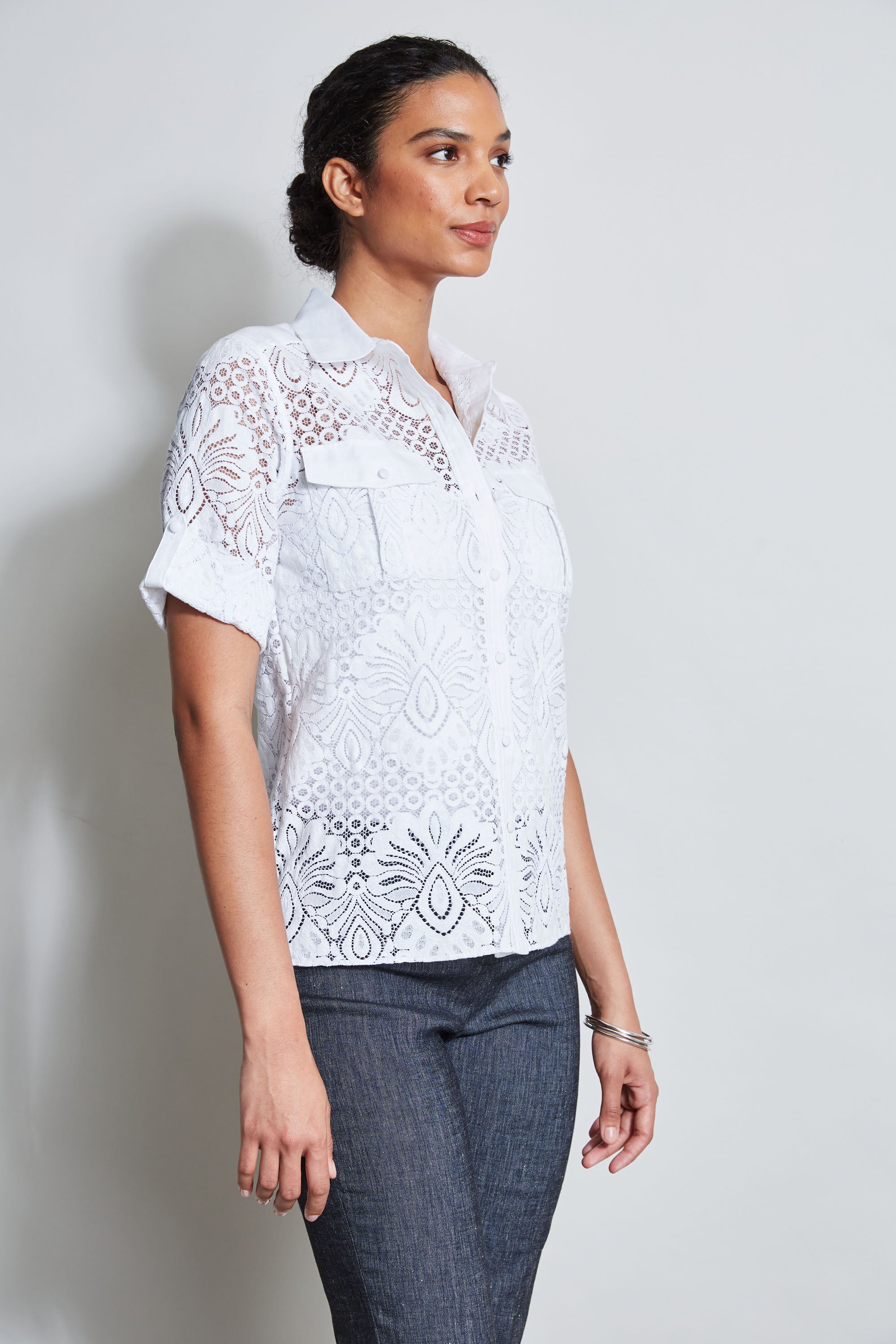 Stylish Short Sleeve Lace Utility Shirt for Women - Casual Summer Top for Outdoors, Work & Everyday Wear