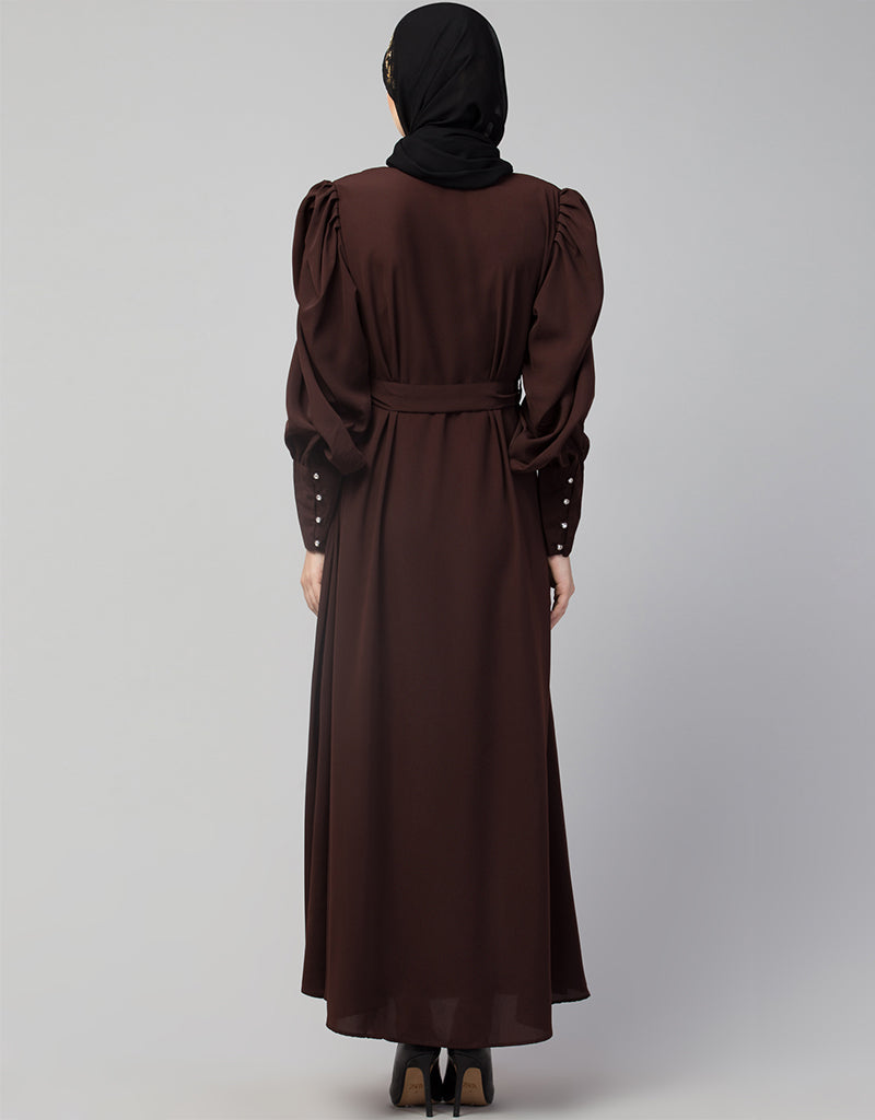 Elegant Arabic Long Cuff Gathered Puffed Sleeve Brown Abaya Dress for Women | Modest Islamic Clothing | Perfect for Prayer, Eid, Wedding & Special Occasions