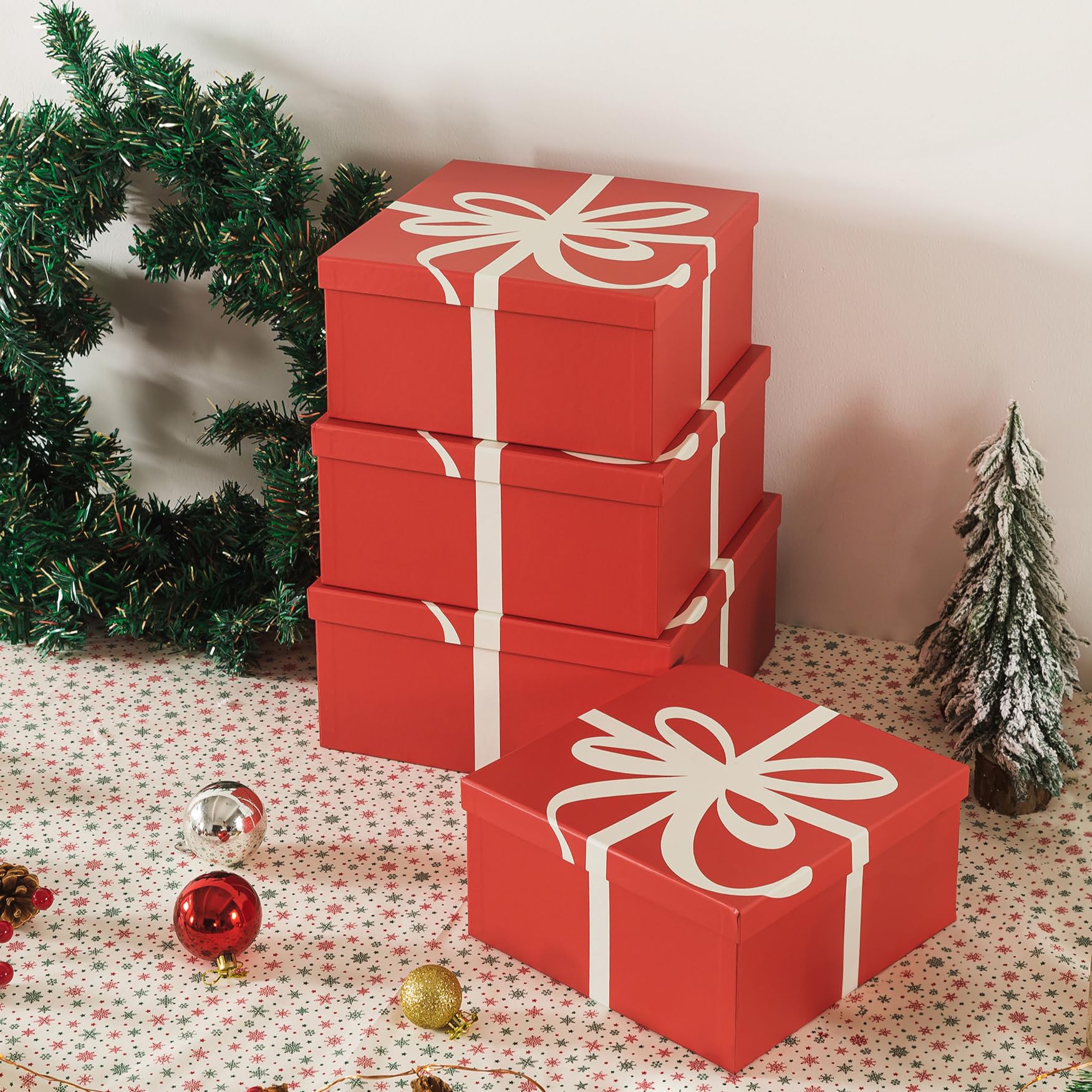 Soul & Lane Christmas Square Decorative Gift Boxes with Lids - Set of 4 Reusable Nesting Holiday Storage Containers in Festive Red | Perfect for Present Wrapping, Home Décor, Party Favors and Seasonal Organization