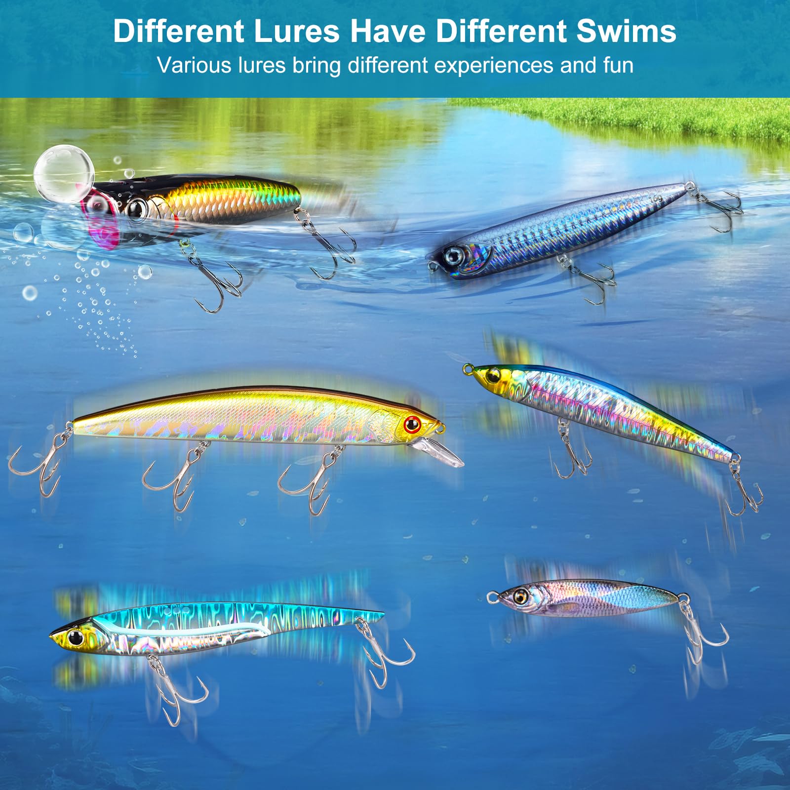 GULULUT Premium Freshwater & Saltwater Fishing Lures Set - Popper, Minnow, VIB Baits for All Water Depths | Ideal Fishing Gear for Men & Perfect Gift for Dad | Great for Bass, Trout & Saltwater Fishing Trips