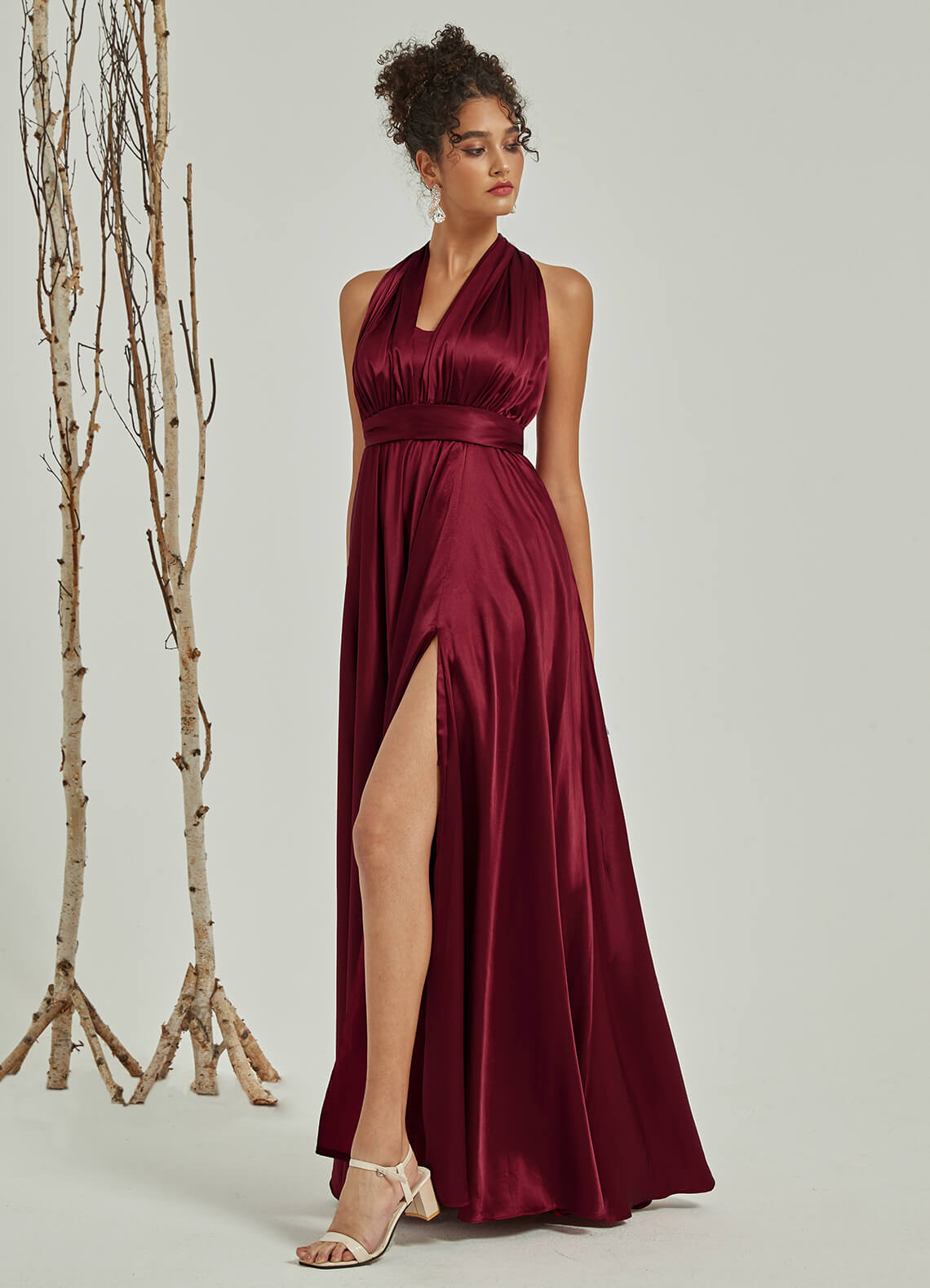 Burgundy Satin Convertible Bridesmaid Dress - Multi-Way Wrap A-Line Gown for Weddings, Parties & Formal Events