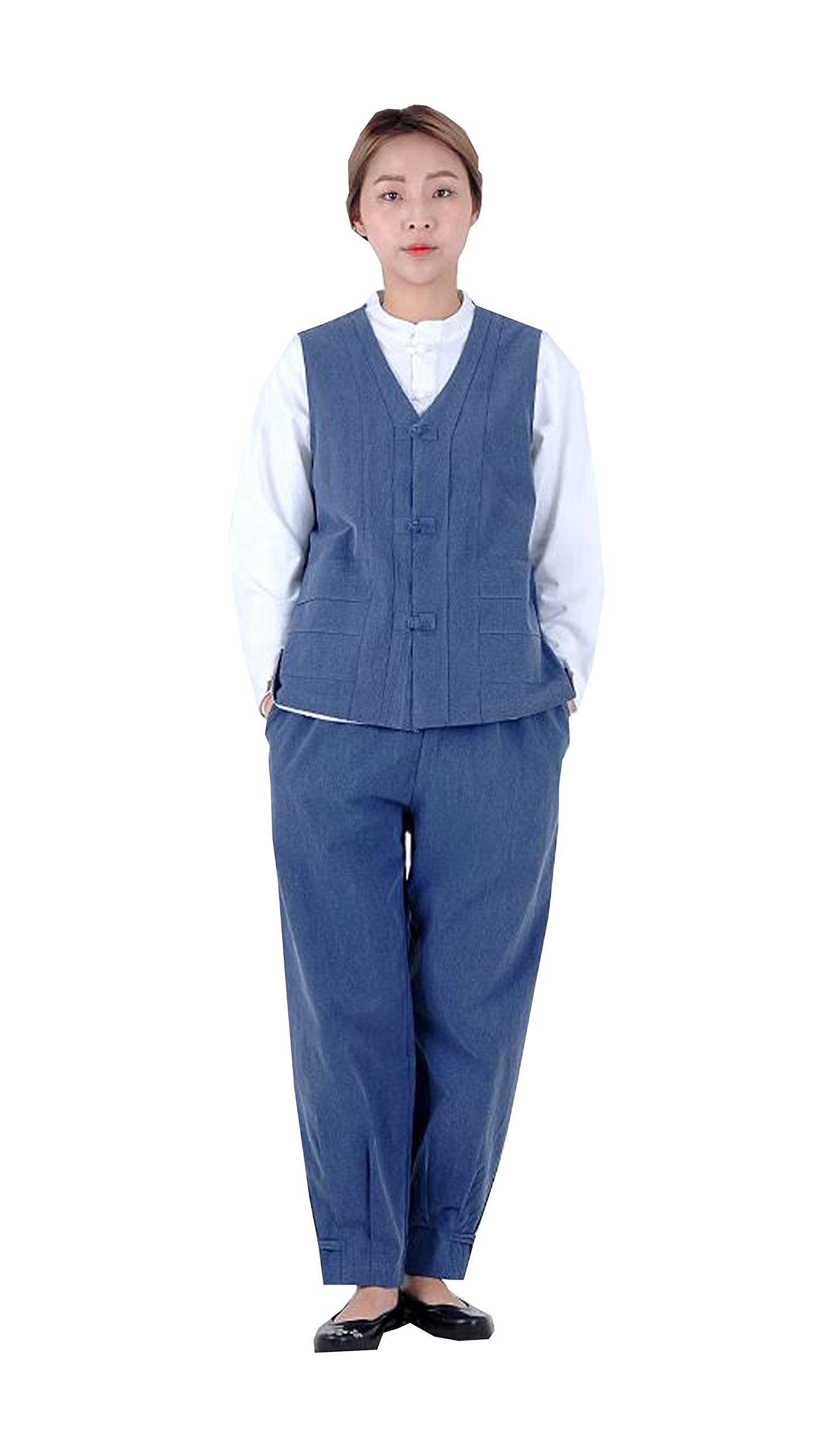 Modern Hanbok Women's Daily Comfortable Korean Traditional Outfit - 100% Cotton Washed Vest & Pants Set in Blue | Perfect for Cultural Events, Festivals and Casual Wear