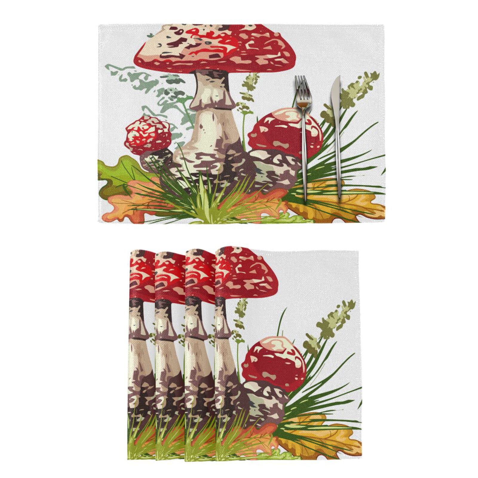 4 Pack Autumn Mushroom & Fall Leaves Placemats - 12x18 Inch Washable Heat-Resistant Cloth Table Mats for Kitchen & Dining Room Decor | Perfect for Thanksgiving, Fall Dinner Parties & Seasonal Home Decor
