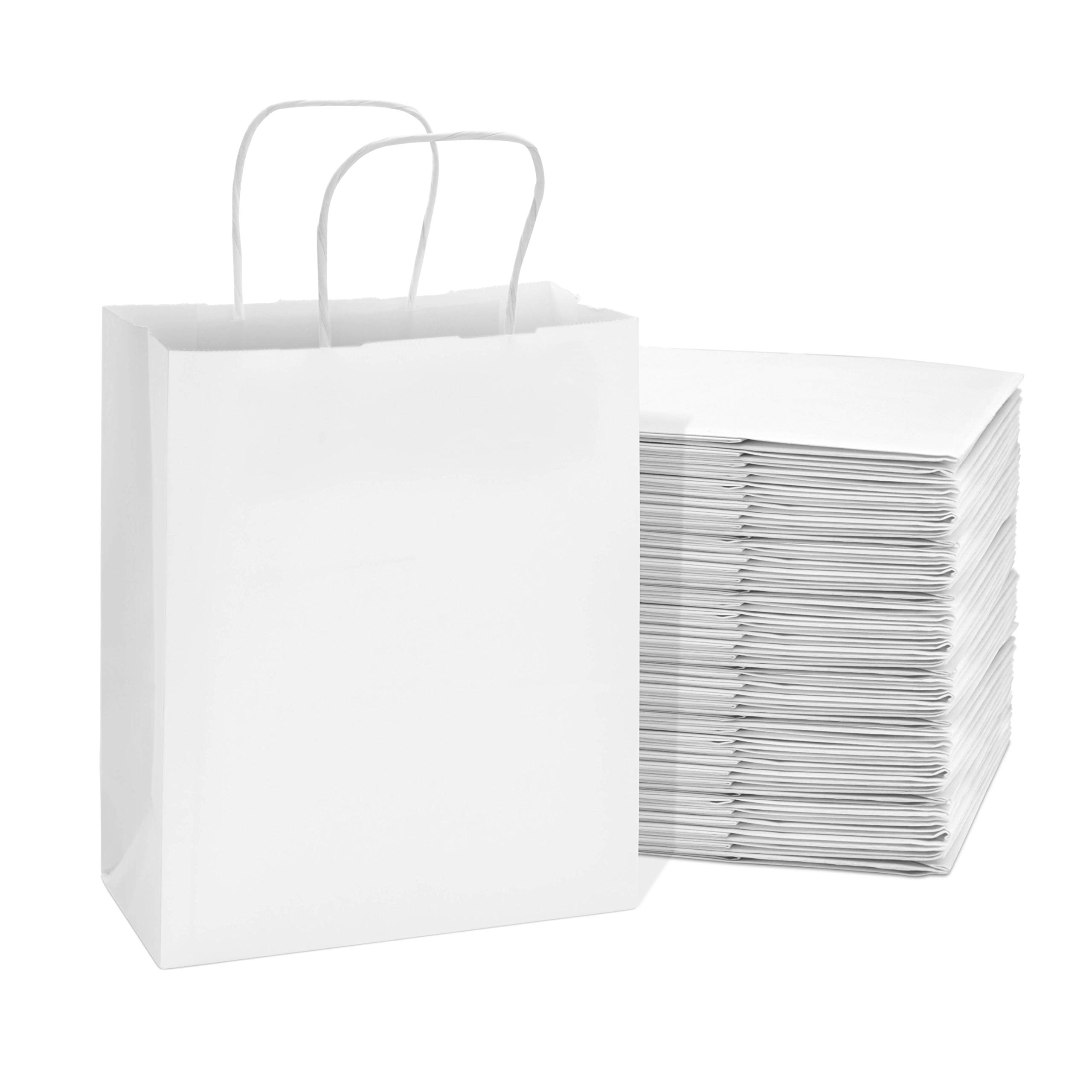 Prime Line Packaging White Kraft Paper Gift Bags with Handles - 8x4x10 Inches, 400 Pack Bulk - Perfect for Small Business, Boutique, Retail Shopping, Birthday Party Favors & Wedding Gifts - Eco-Friendly & Versatile Packaging Solution