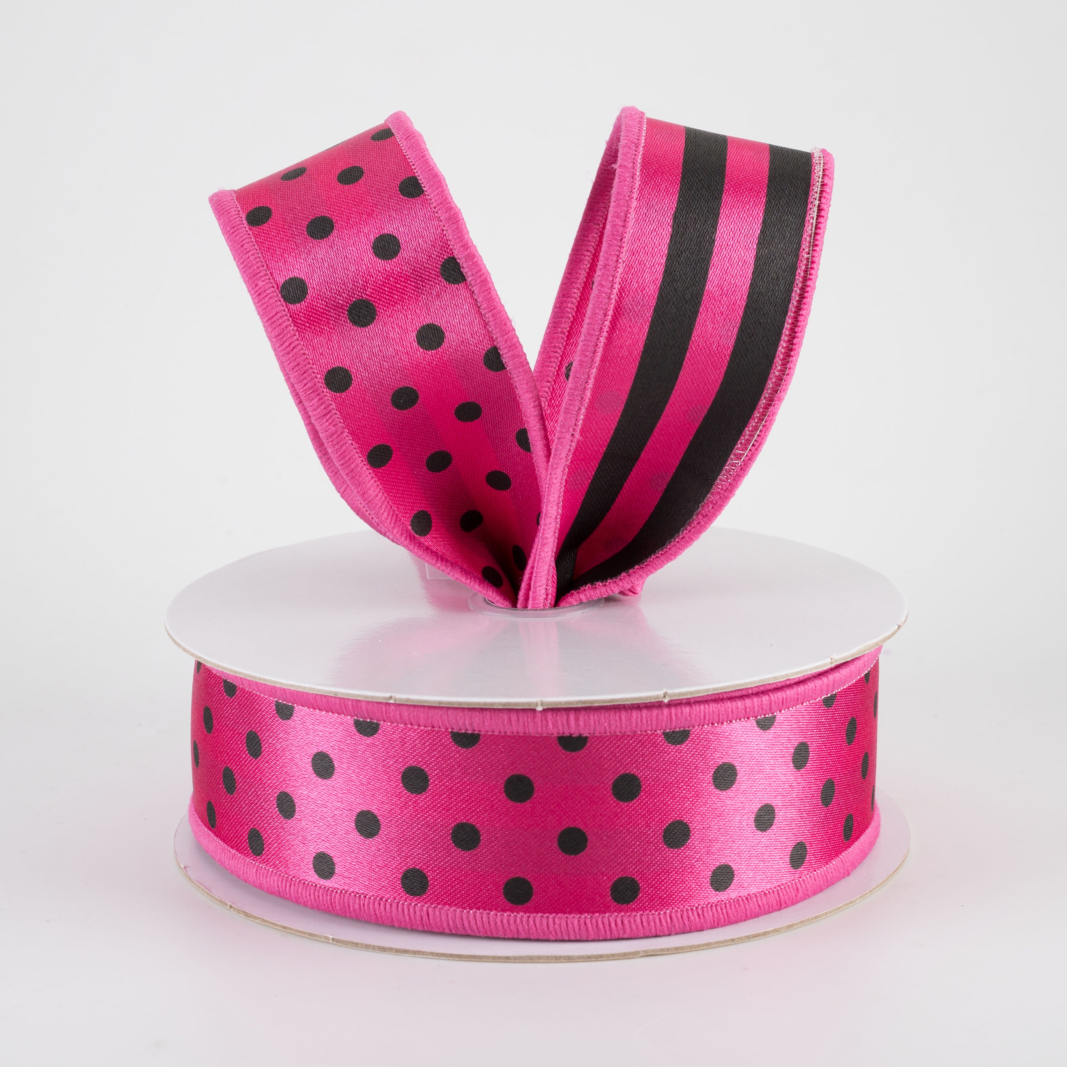 1.5 Inch Double Sided Polka Dot & Stripes Ribbon - Hot Pink & Black Grosgrain Ribbon (10 Yards) for Gift Wrapping, Hair Bows, DIY Crafts & Party Decorations