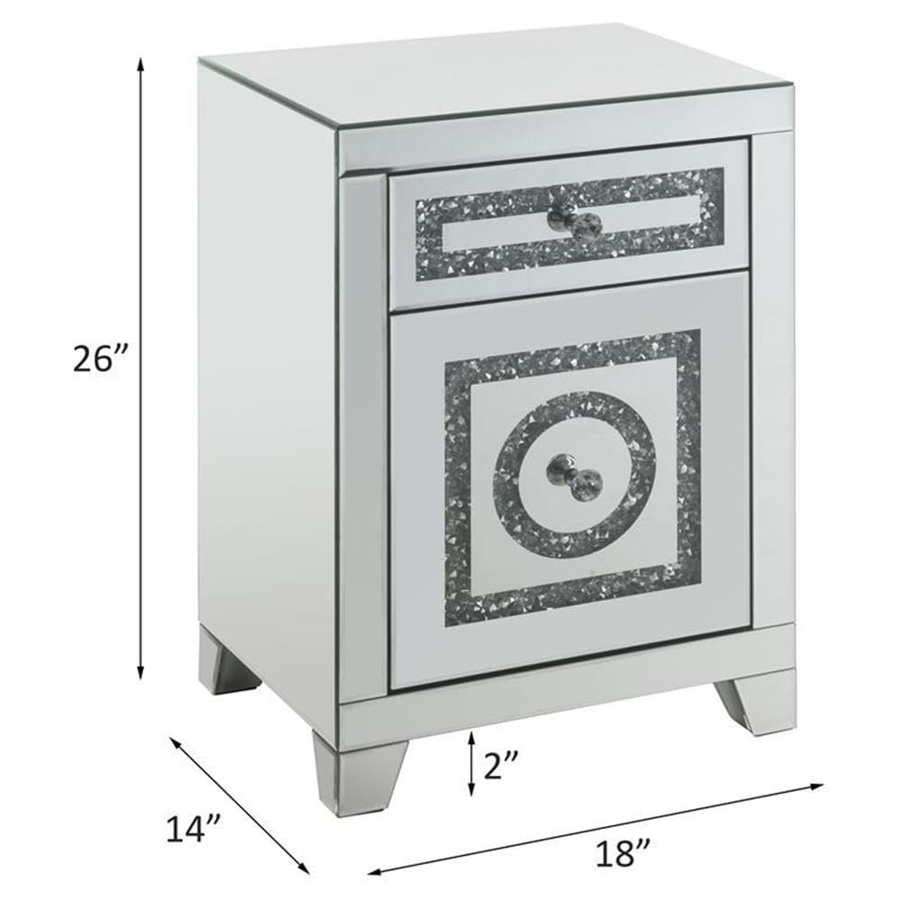 Acme Noralie Glass Accent Table with 2 Drawers - Elegant Mirrored Finish & Faux Diamond Decor | Perfect for Living Room, Bedroom, or Entryway Decor