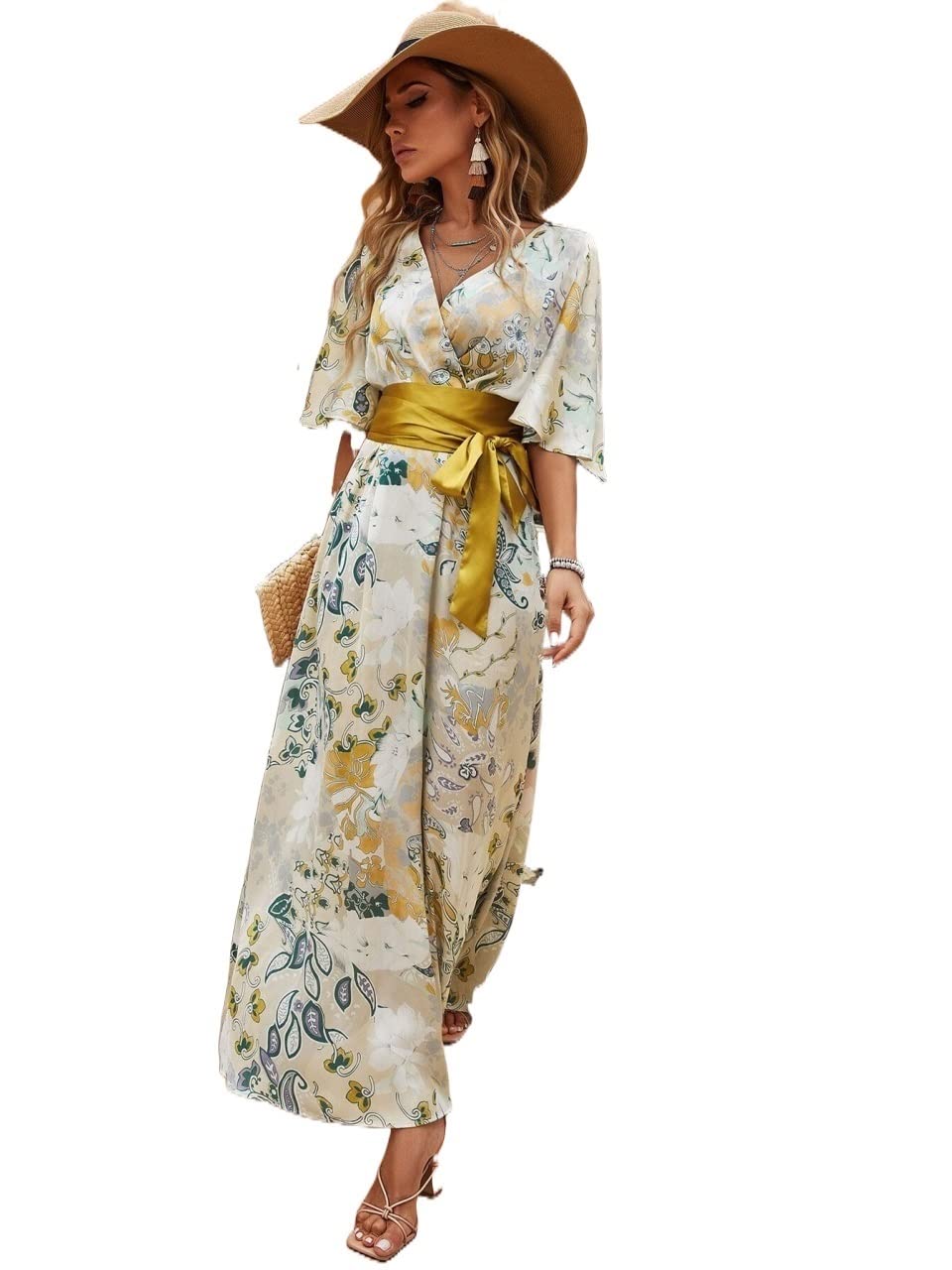 2023 Women's Summer Floral Print Butterfly Sleeve Belted Maxi Dress - Elegant Casual Beach Dress for Vacation, Party & Outdoor Activities