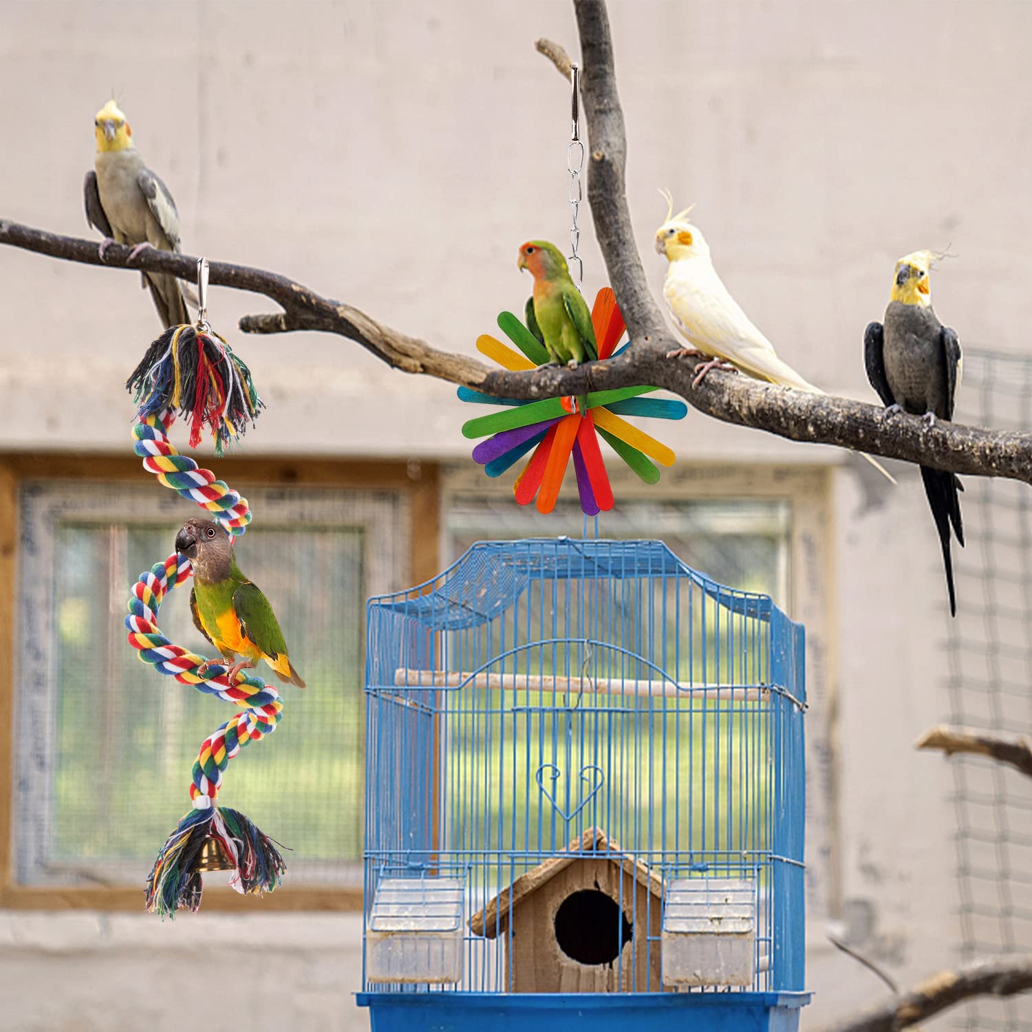 6 Pack Colorful Bird Chewing Toys - Parrot Foraging Shredder & Hanging Toys with Comfy Perch - Durable Rope Bungee Toys for Parakeets, Cockatiels & Small Birds - Perfect for Cage Enrichment & Mental Stimulation