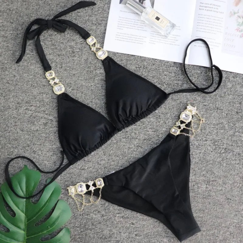 Sexy Black Rhinestone Bikini Set for Women - Push Up Swimsuit with Sparkling Stones, High Waisted Beach Swimwear, Bathing Suit for Pool & Summer Vacations | Perfect for Beach Parties, Poolside Lounging & Tropical Getaways