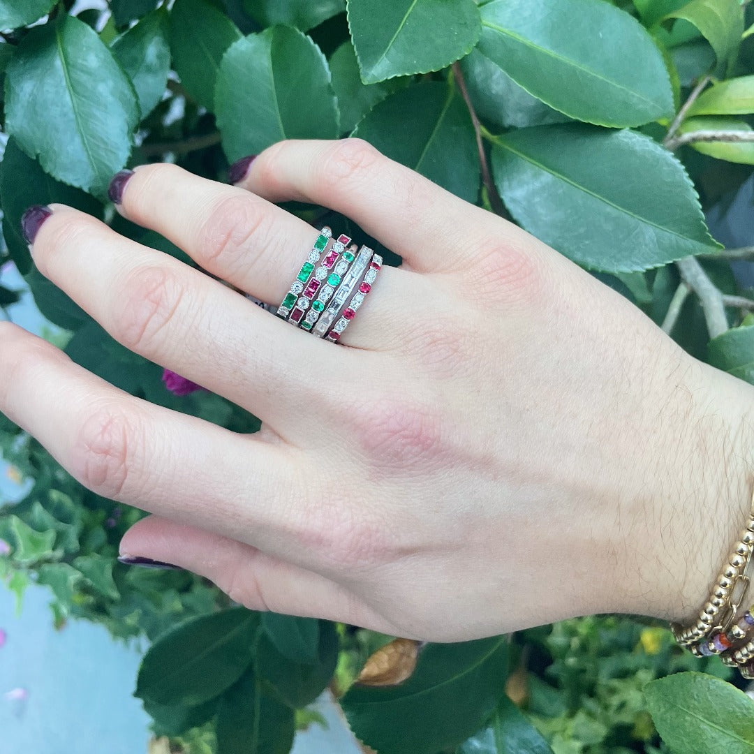 14K White Gold Ruby & Diamond Milgrain Halfway Wedding Band Ring - Perfect for Engagement, Anniversary, and Bridal Jewelry Gifts