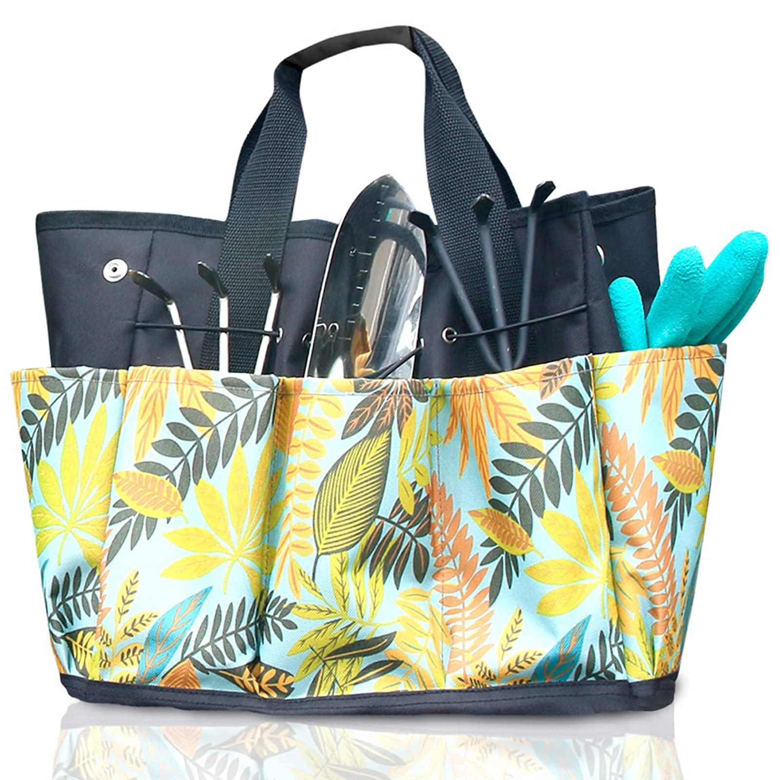 GERYMU Heavy Duty Garden Tool Bag with 8 Pockets - Durable Oxford Storage Tote for Gardening Tools (Floral Yellow) | Perfect for Organizing Pruners, Gloves & Small Tools in Backyard or Greenhouse