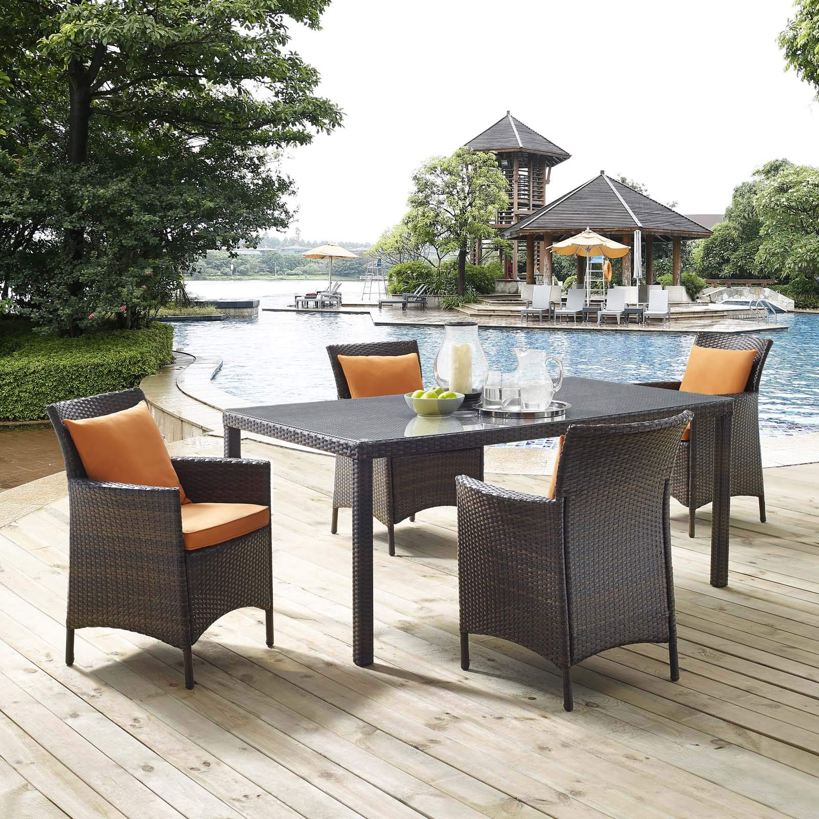 Modway EEI-3892-BRN-ORA-SET 5-Piece Outdoor Patio Dining Set - Weather-Resistant Brown & Orange Wicker Furniture for Garden, Backyard, Poolside - Includes Table & 4 Chairs