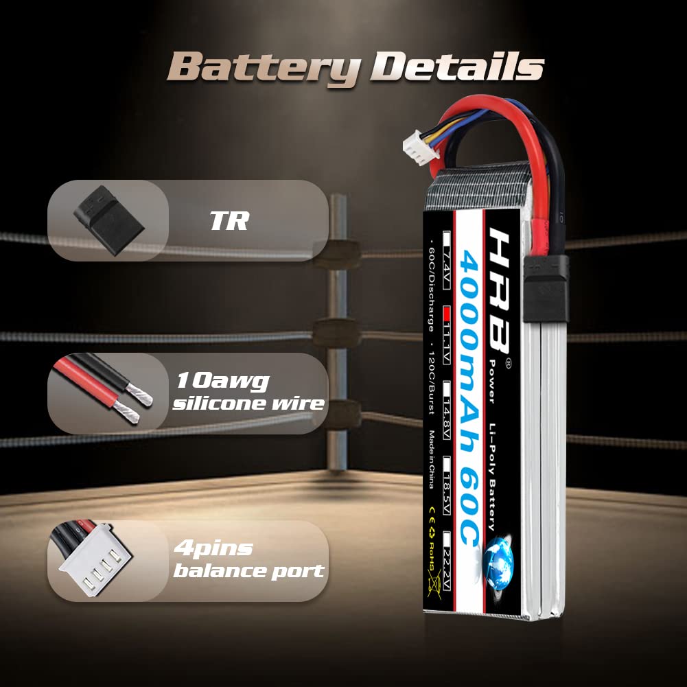 HRB 2PCS 3S Lipo Battery 4000mAh 11.1V 60C High Performance RC LiPo Batteries for RC Airplane, Helicopter, Car, Truck, Boat - Perfect for FPV Racing, Drone Flying & RC Hobby Enthusiasts