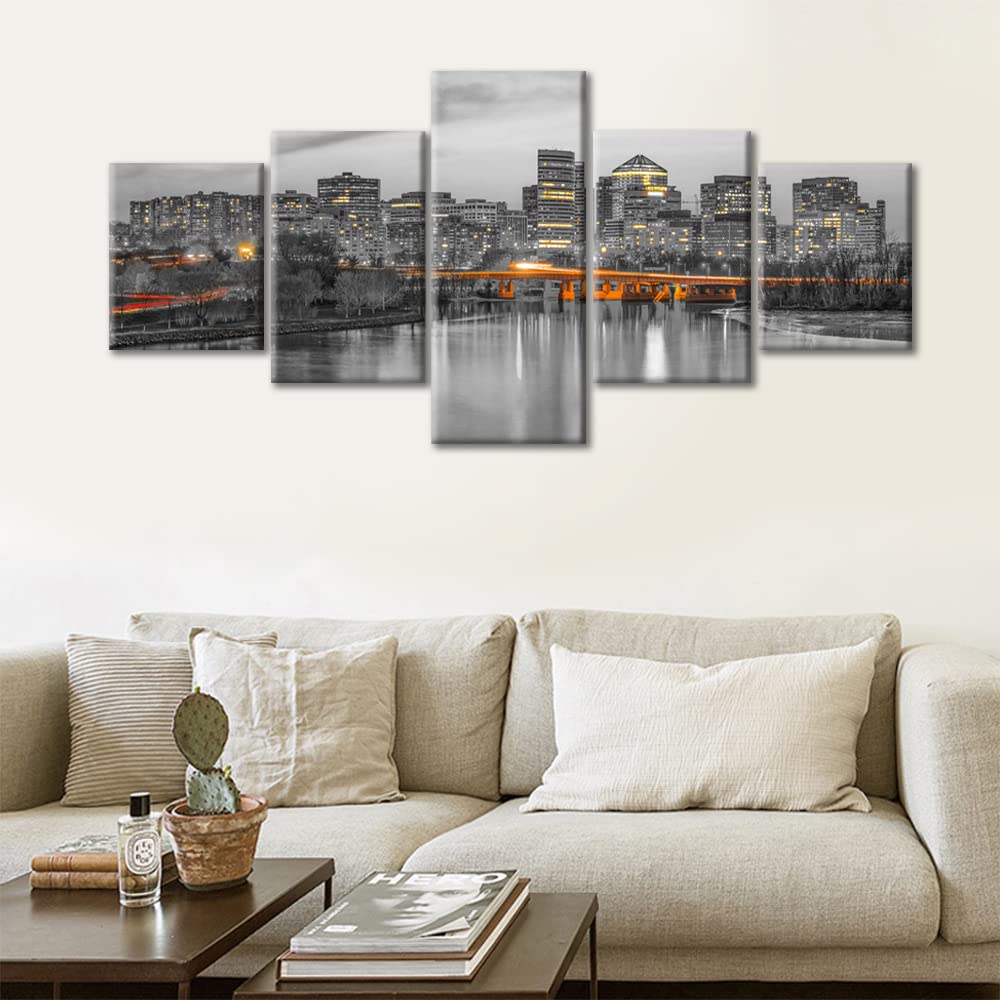 Black and White Arlington Virginia Skyline Wall Art - 5 Piece Framed Canvas Prints (50''W x 24''H) - Modern Home Decor for Living Room & Bedroom - Perfect for Office, Apartment, and Urban Style Interiors