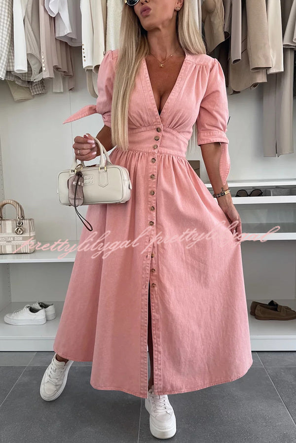 Stylish Solid Color V-Neck Button Down Denim Midi Dress for Women | Casual & Office Wear | Perfect for Spring & Summer Outings
